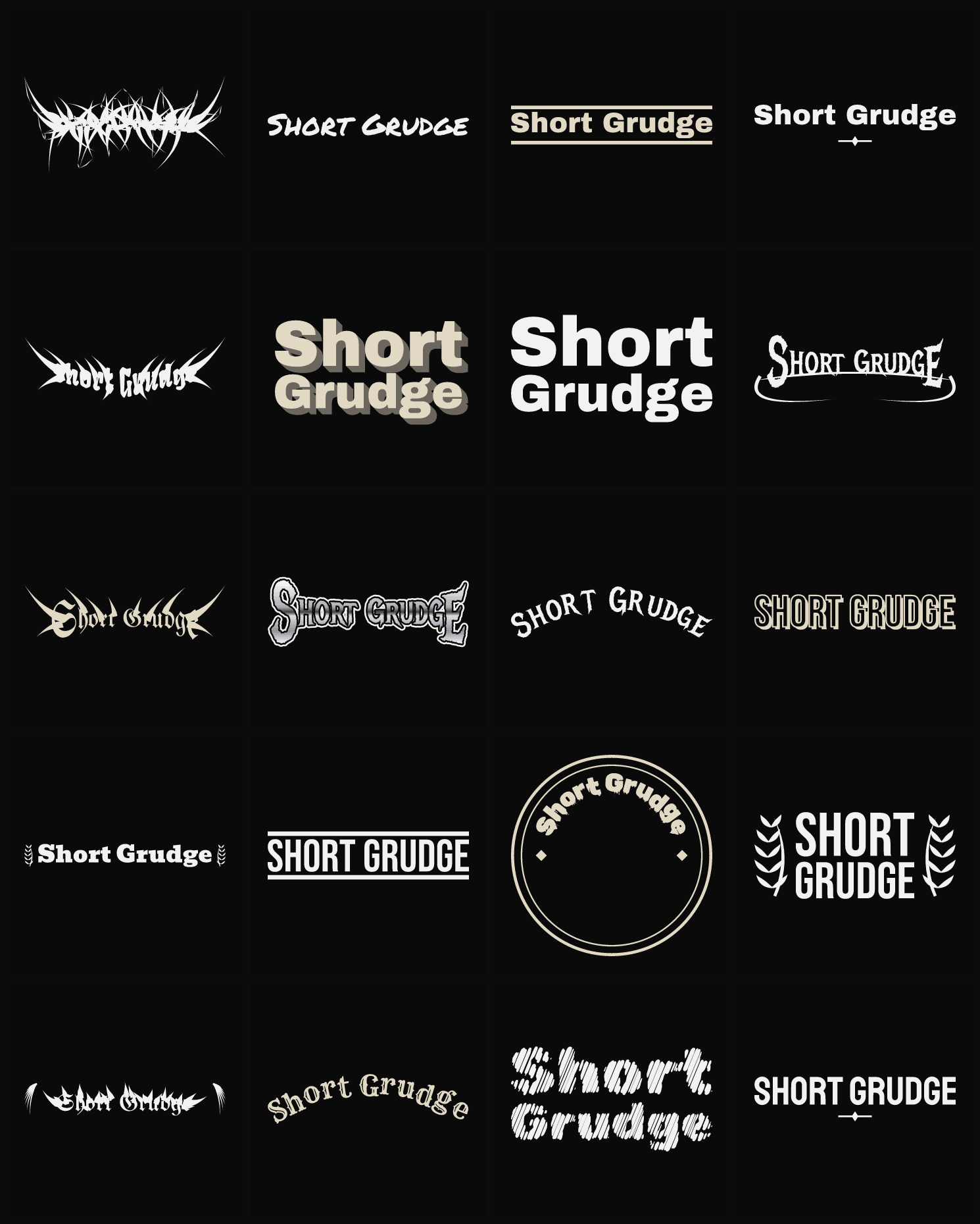 Twenty Short Grudge band logo ideas — different faces, treatments and spike settings