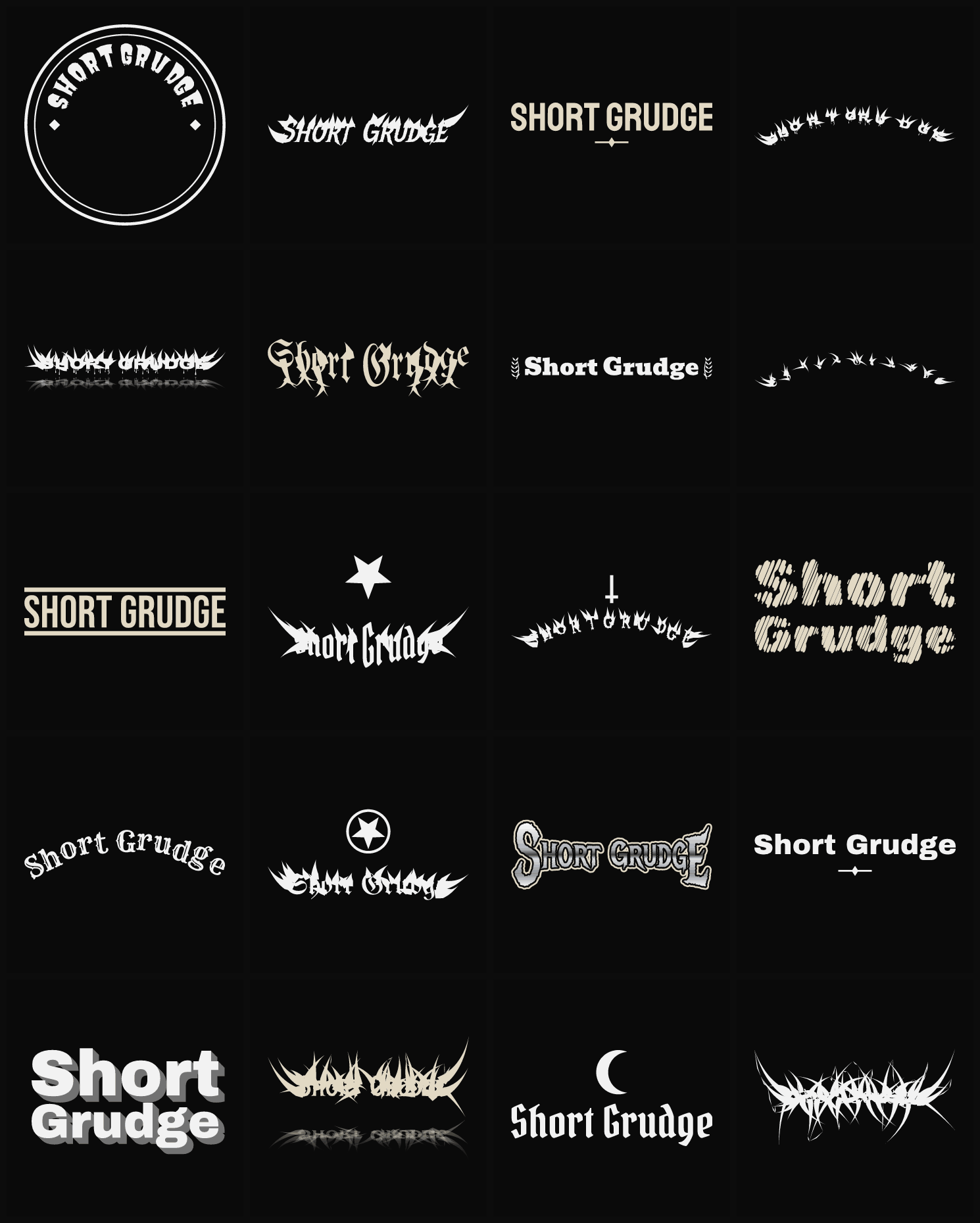 Twenty Short Grudge band logo ideas — different faces, treatments and spike settings