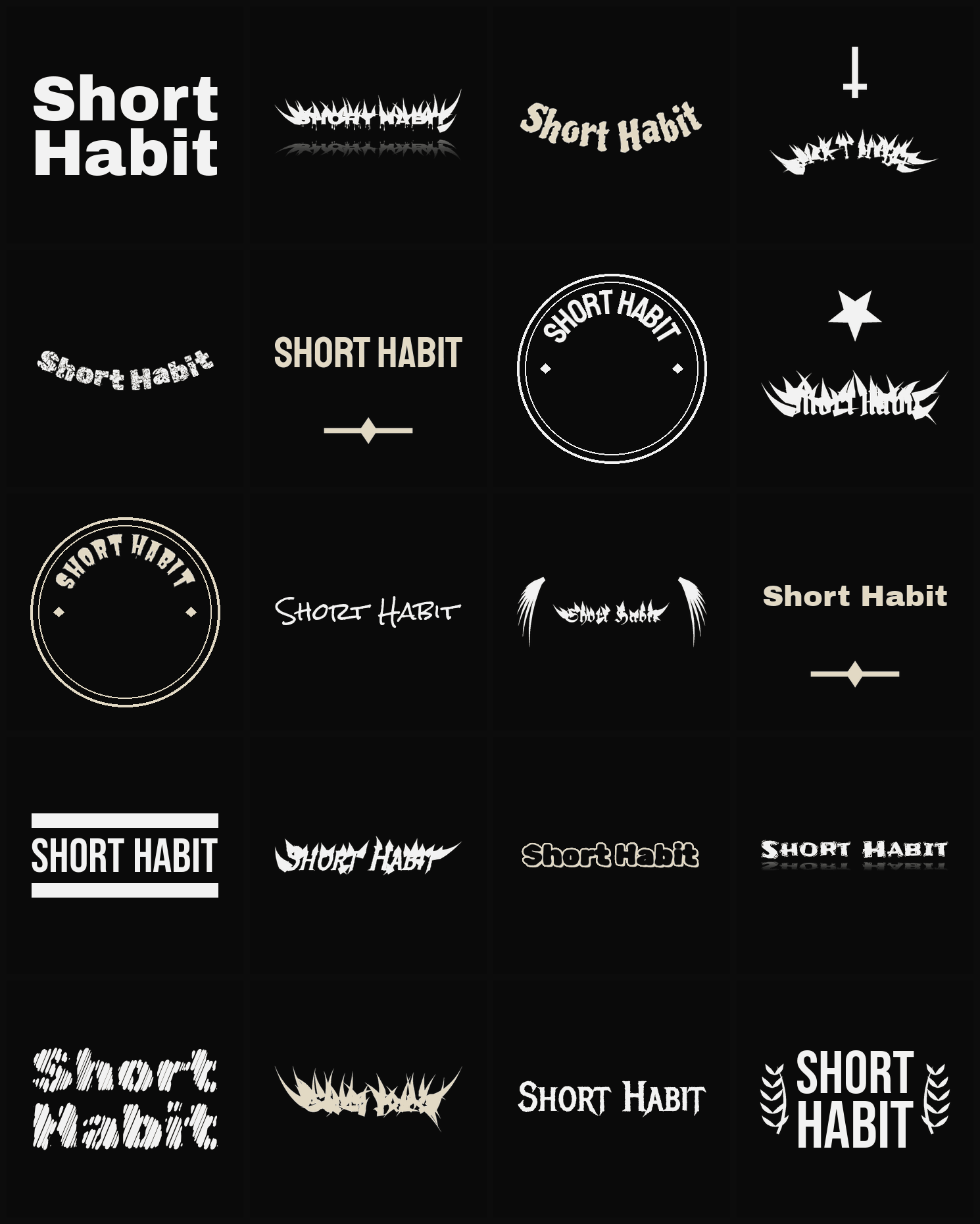 Twenty Short Habit band logo ideas — different faces, treatments and spike settings