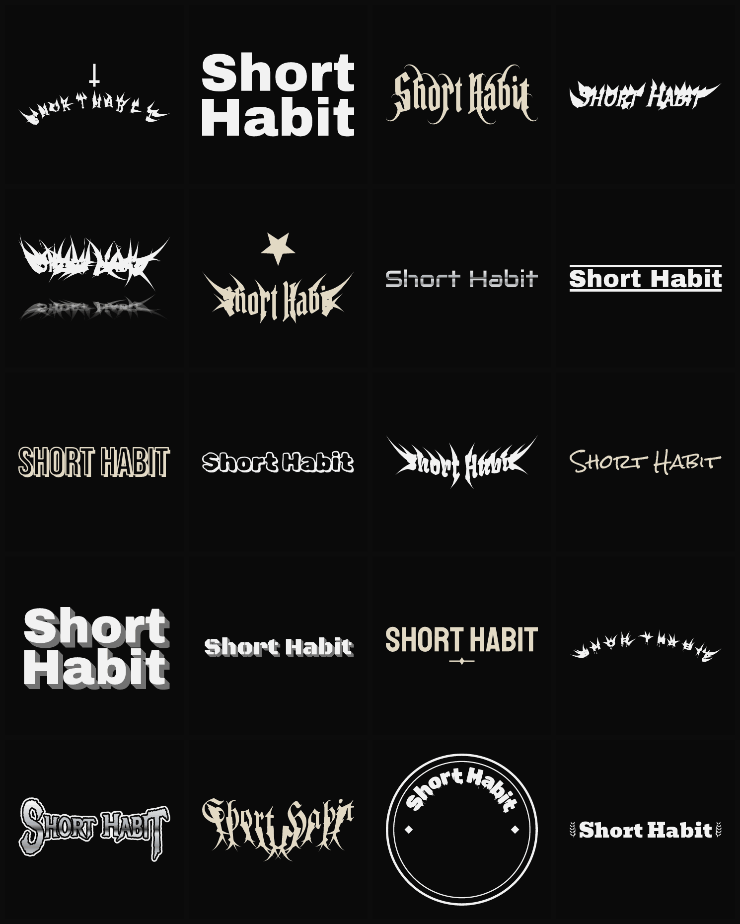 Twenty Short Habit band logo ideas — different faces, treatments and spike settings