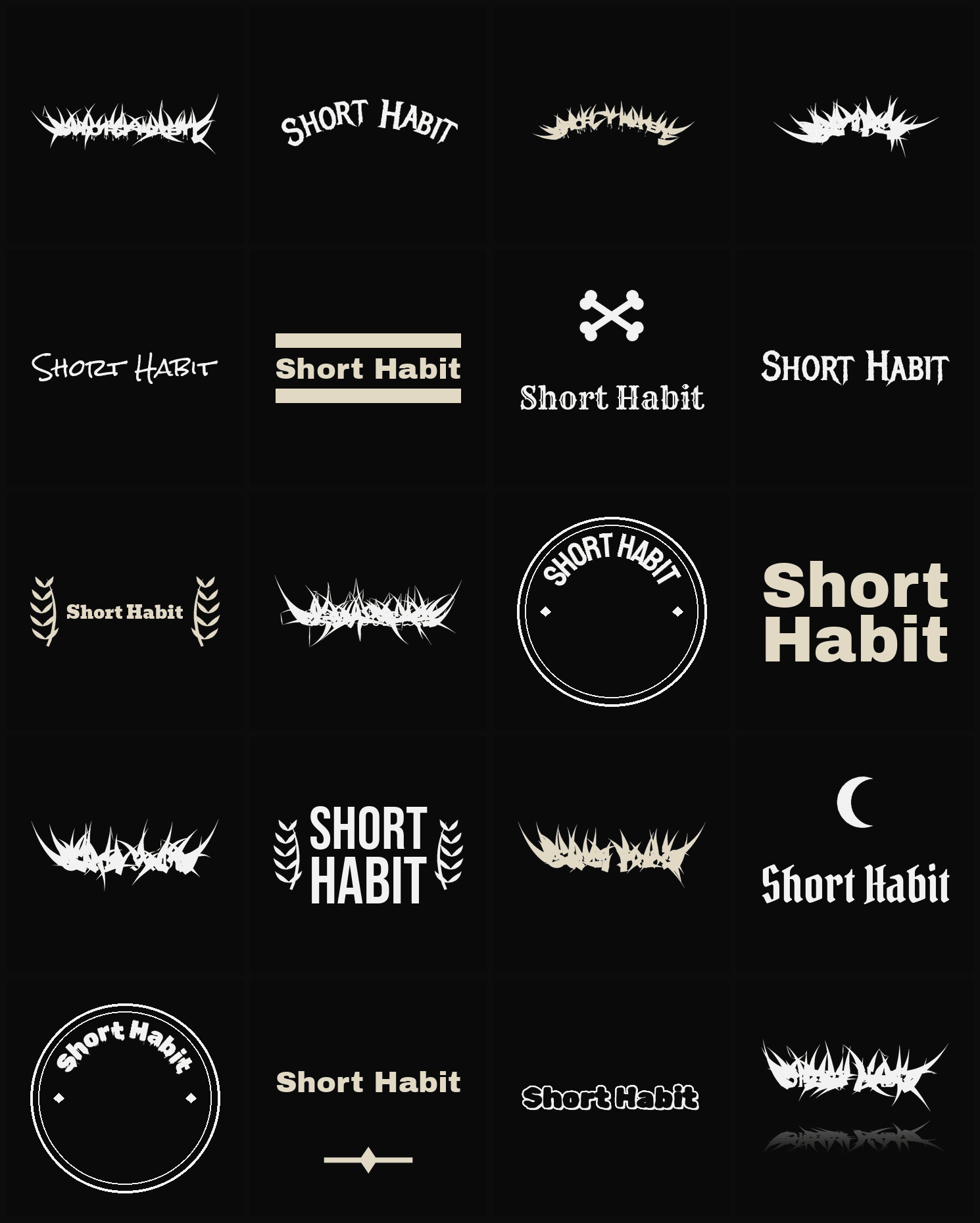 Twenty Short Habit band logo ideas — different faces, treatments and spike settings