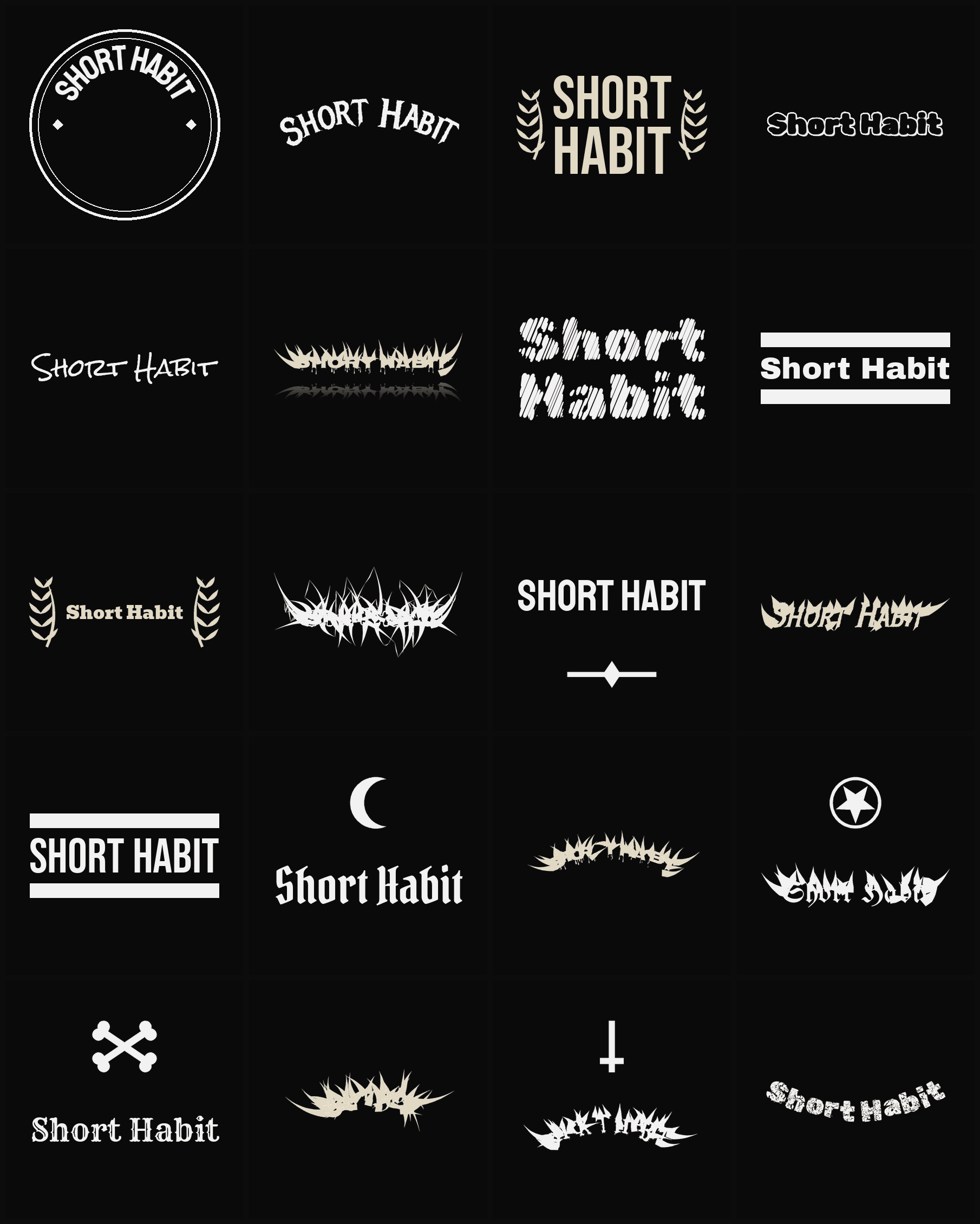 Twenty Short Habit band logo ideas — different faces, treatments and spike settings