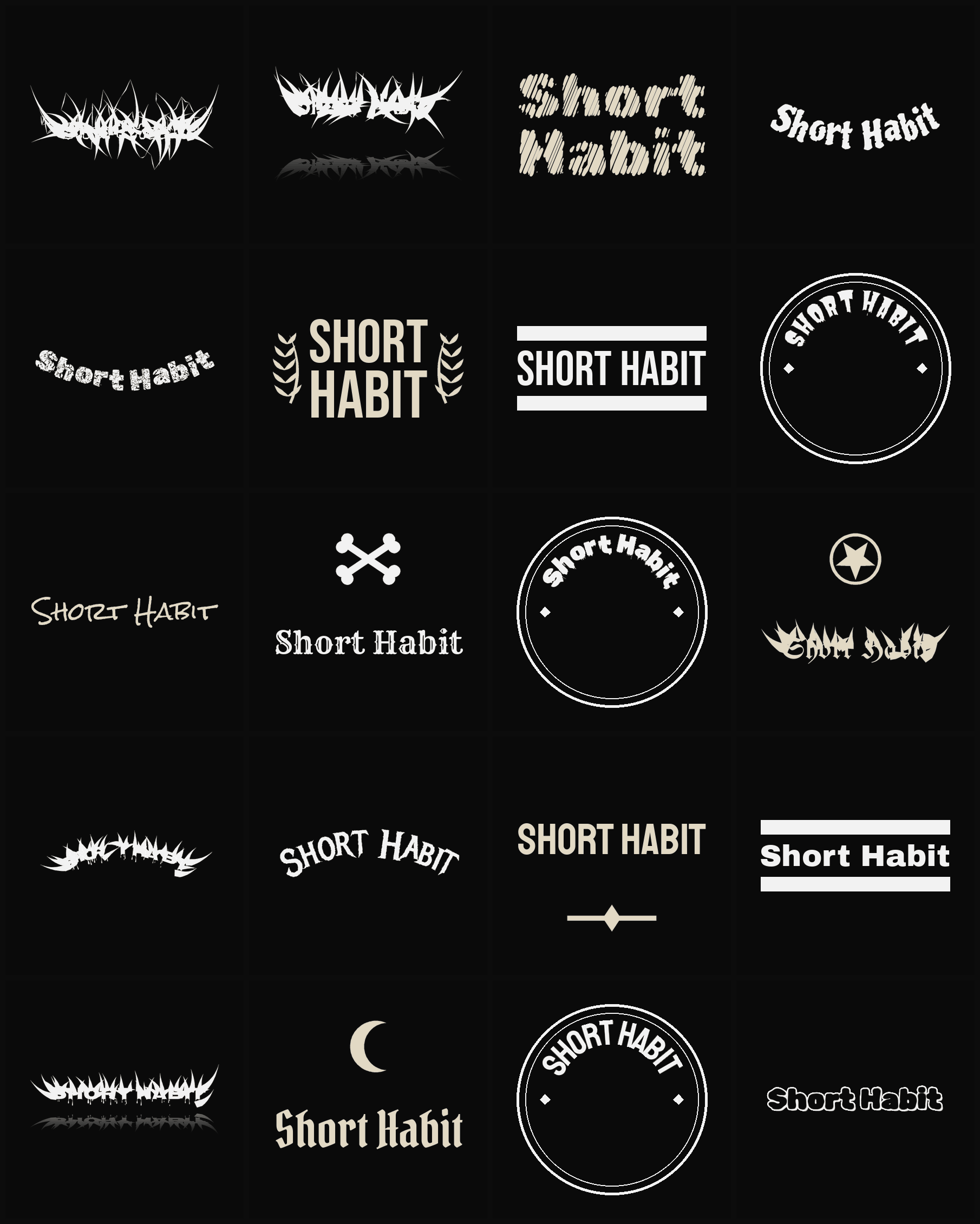 Twenty Short Habit band logo ideas — different faces, treatments and spike settings
