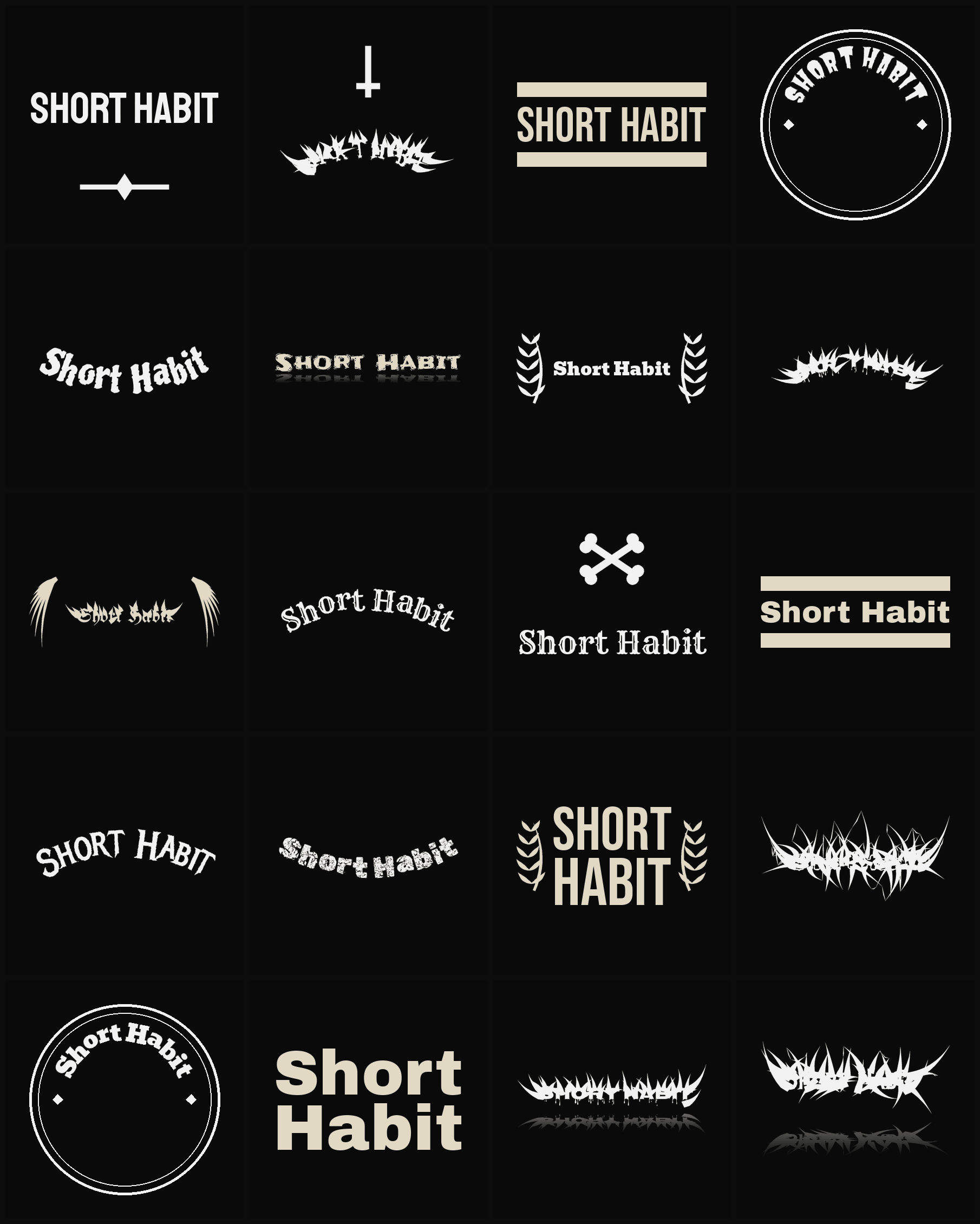 Twenty Short Habit band logo ideas — different faces, treatments and spike settings