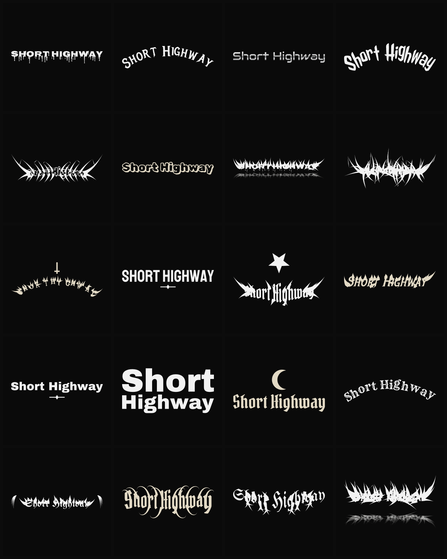 Twenty Short Highway band logo ideas — different faces, treatments and spike settings