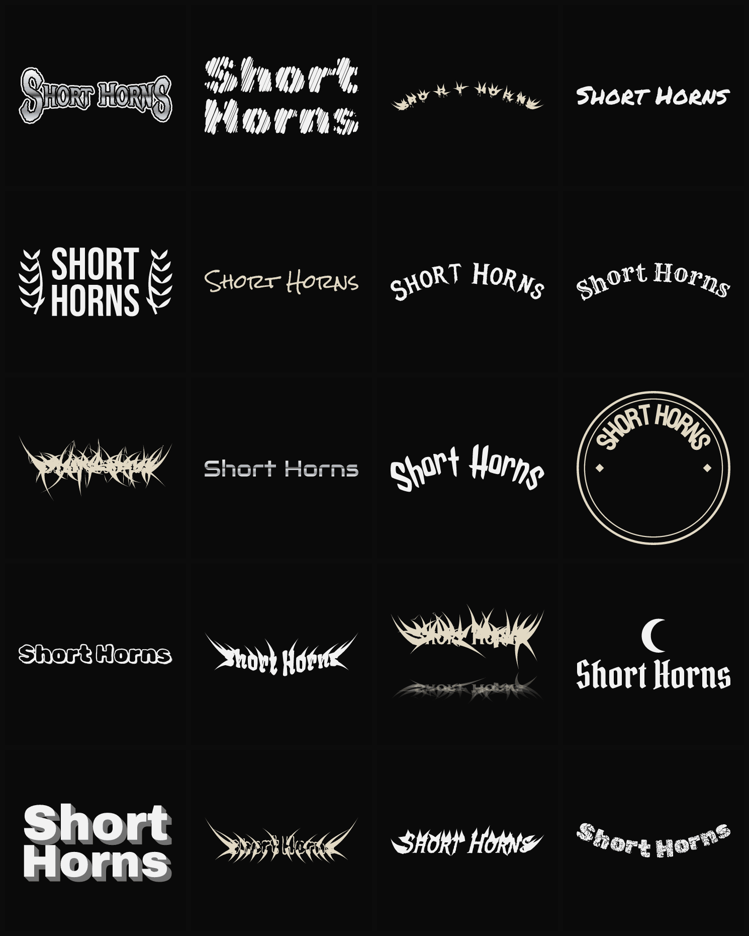 Twenty Short Horns band logo ideas — different faces, treatments and spike settings
