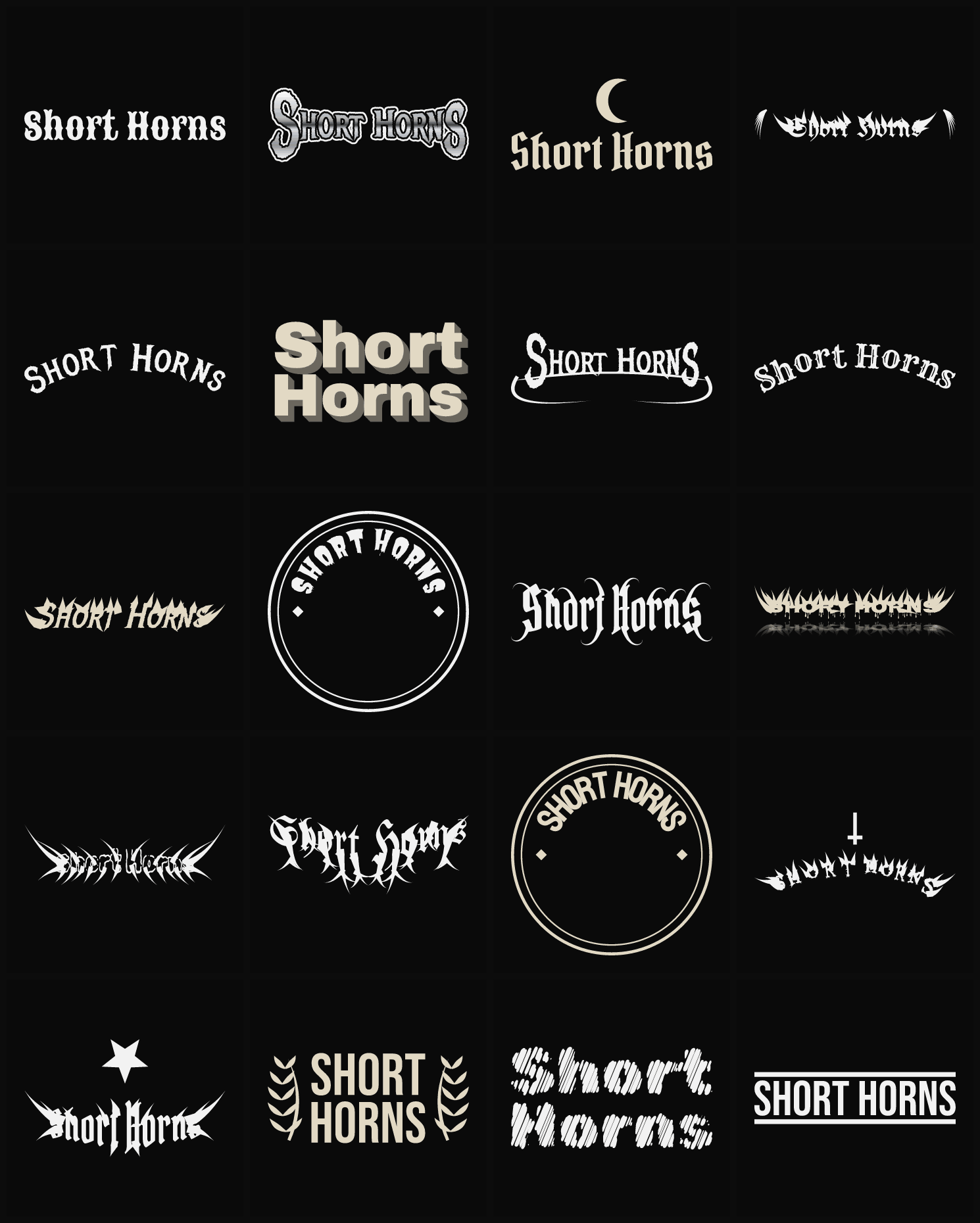 Twenty Short Horns band logo ideas — different faces, treatments and spike settings