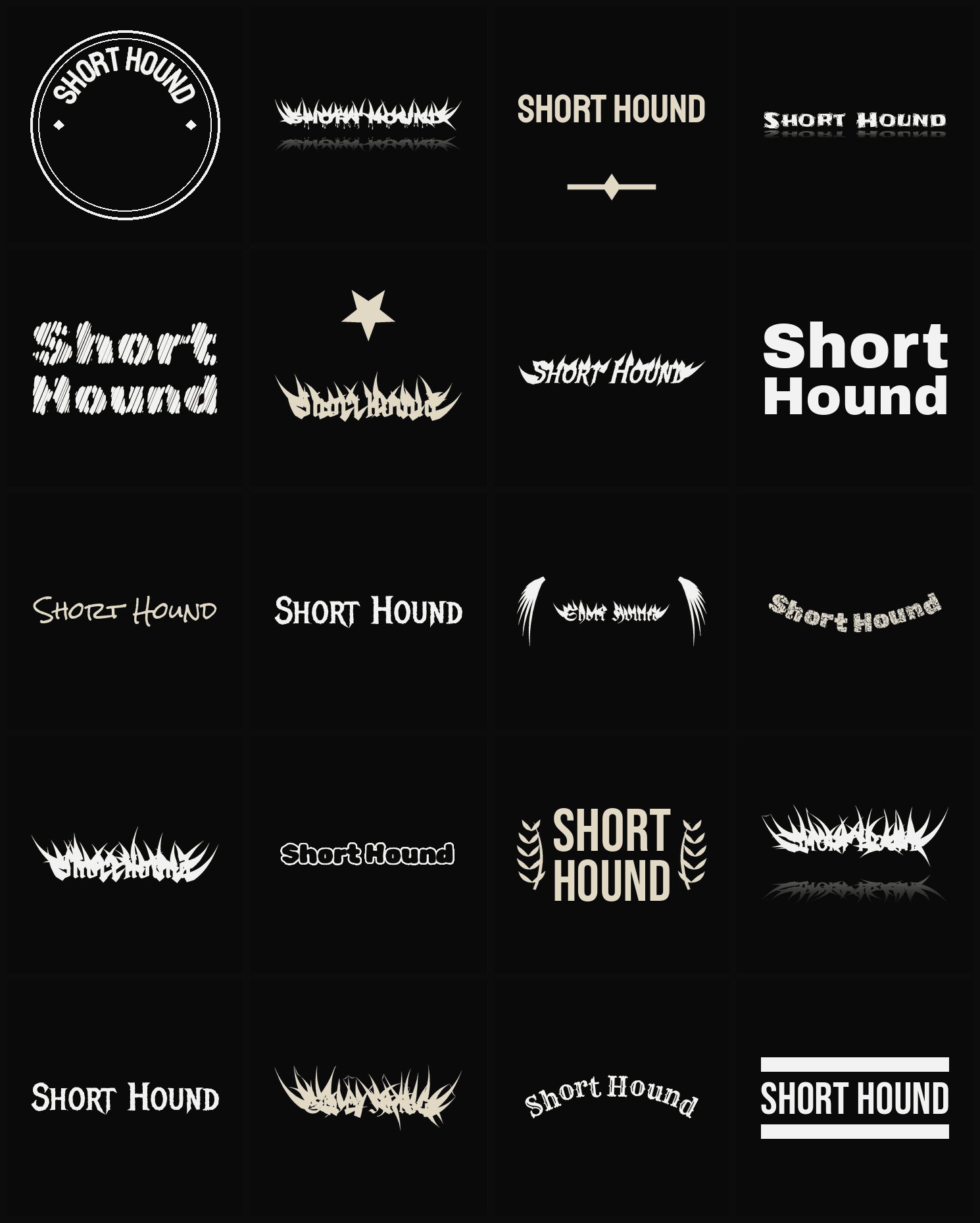 Twenty Short Hound band logo ideas — different faces, treatments and spike settings