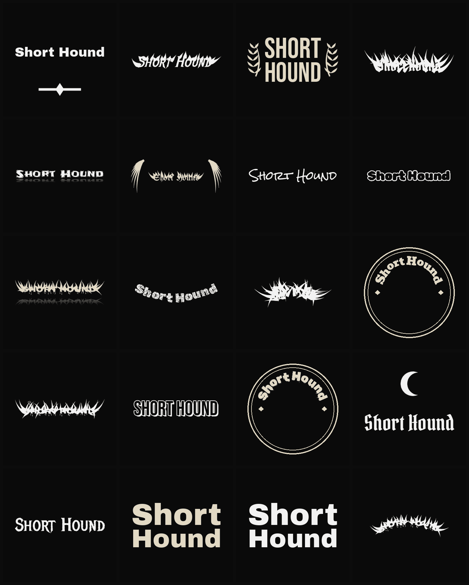 Twenty Short Hound band logo ideas — different faces, treatments and spike settings