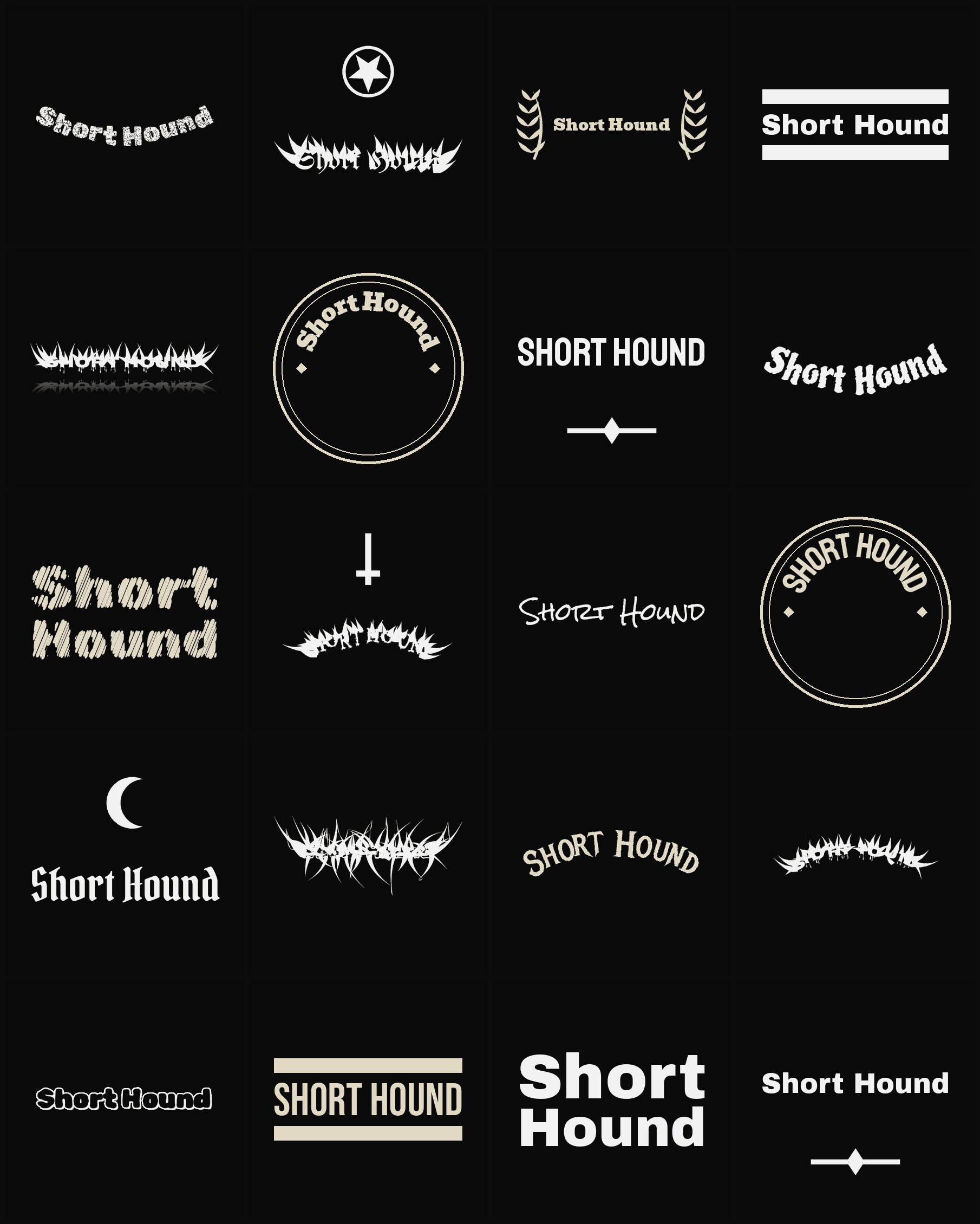 Twenty Short Hound band logo ideas — different faces, treatments and spike settings