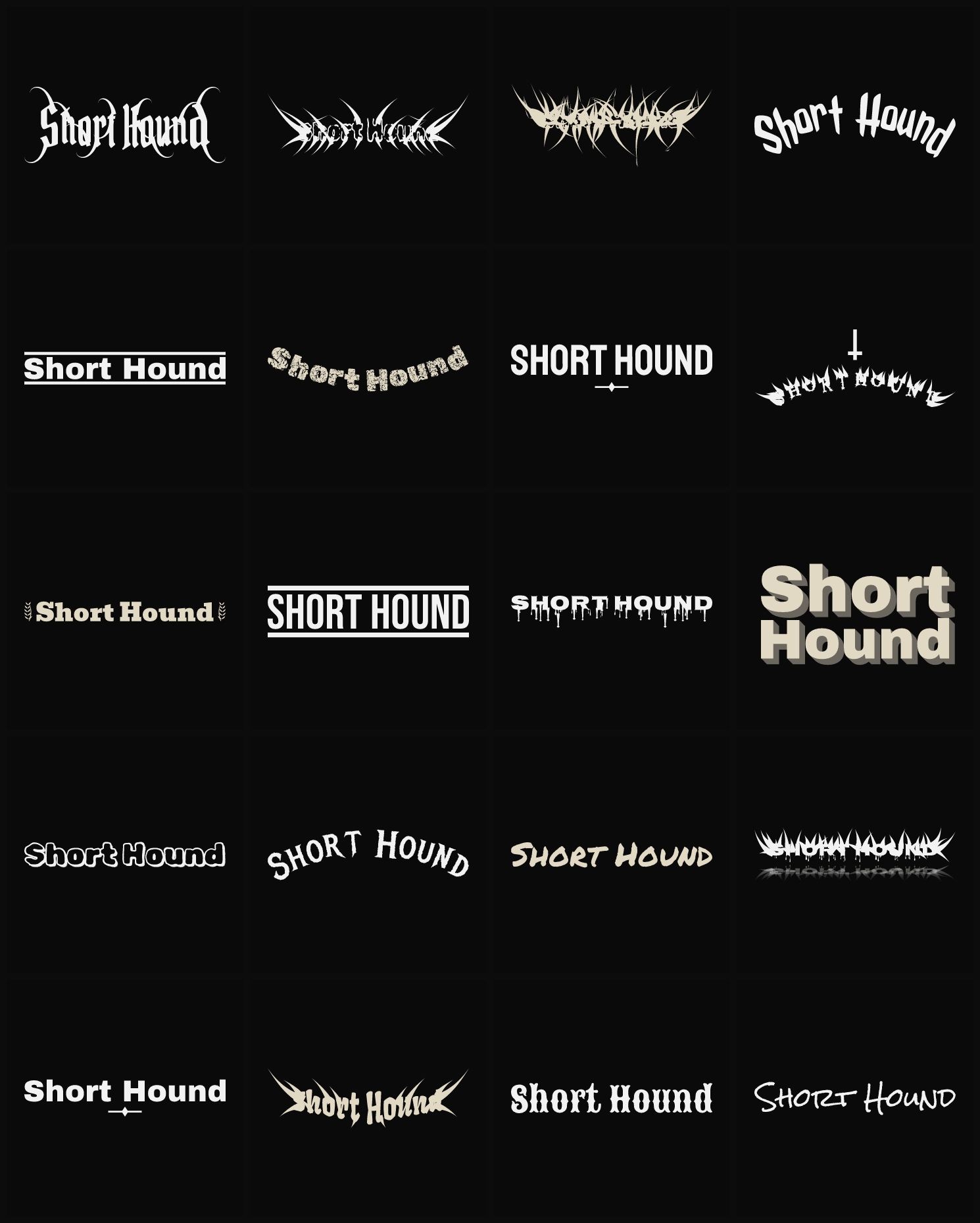 Twenty Short Hound band logo ideas — different faces, treatments and spike settings