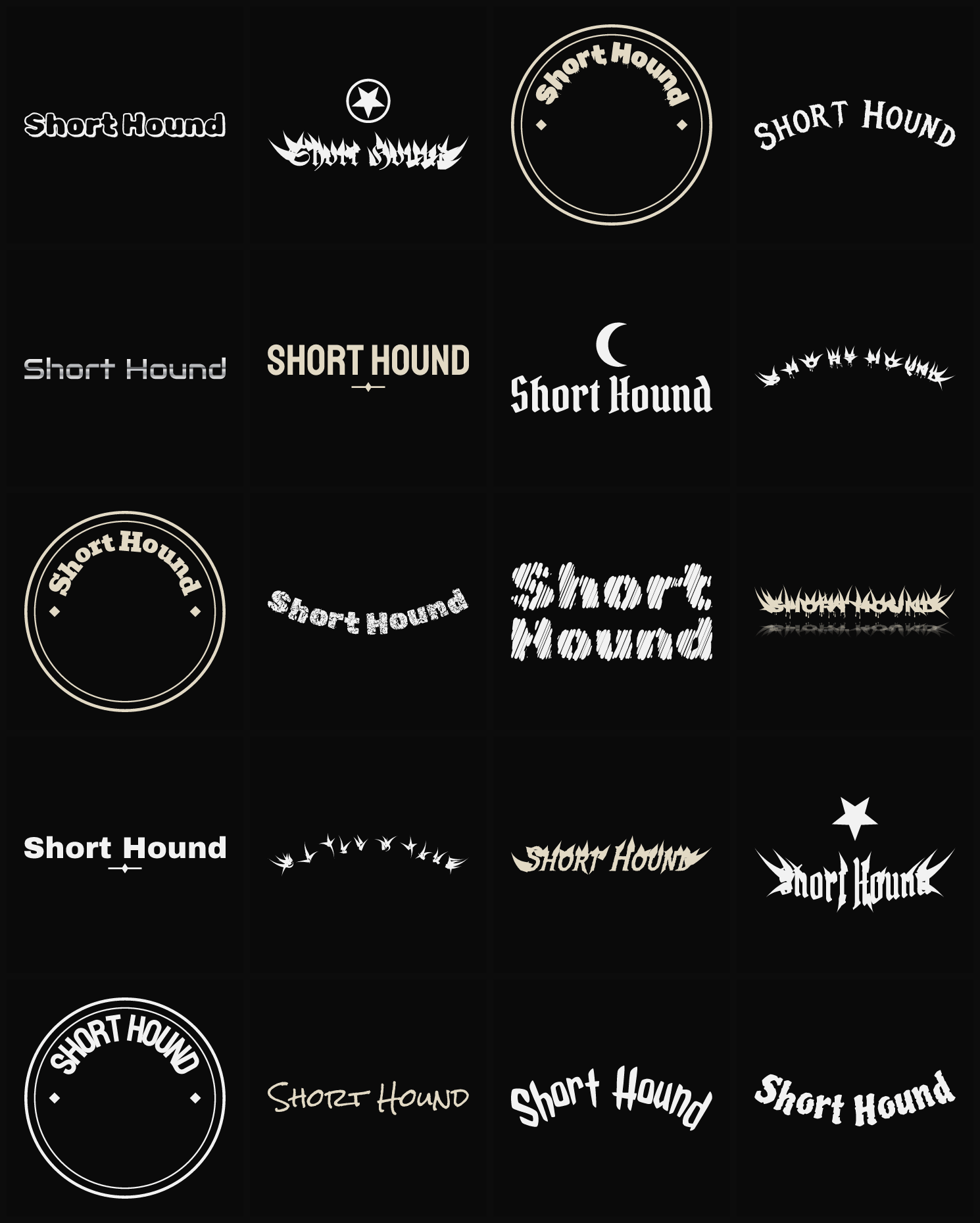 Twenty Short Hound band logo ideas — different faces, treatments and spike settings