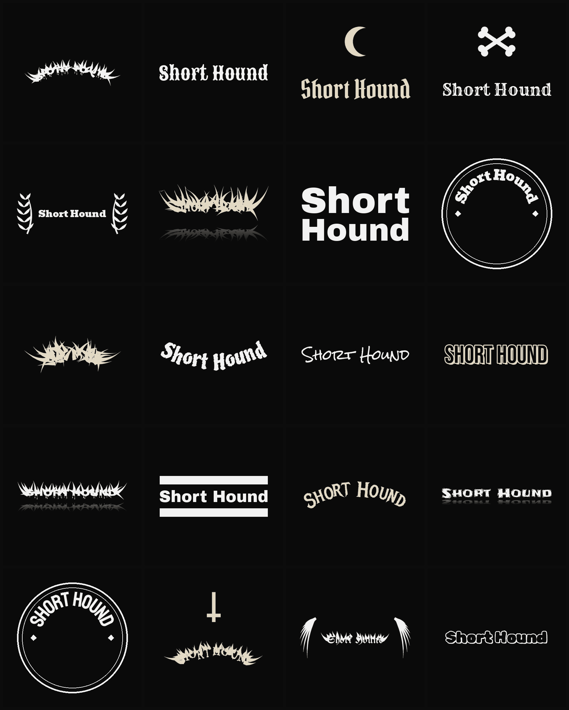 Twenty Short Hound band logo ideas — different faces, treatments and spike settings