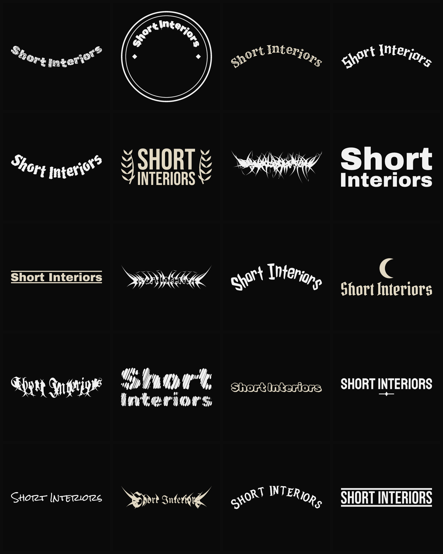 Twenty Short Interiors band logo ideas — different faces, treatments and spike settings