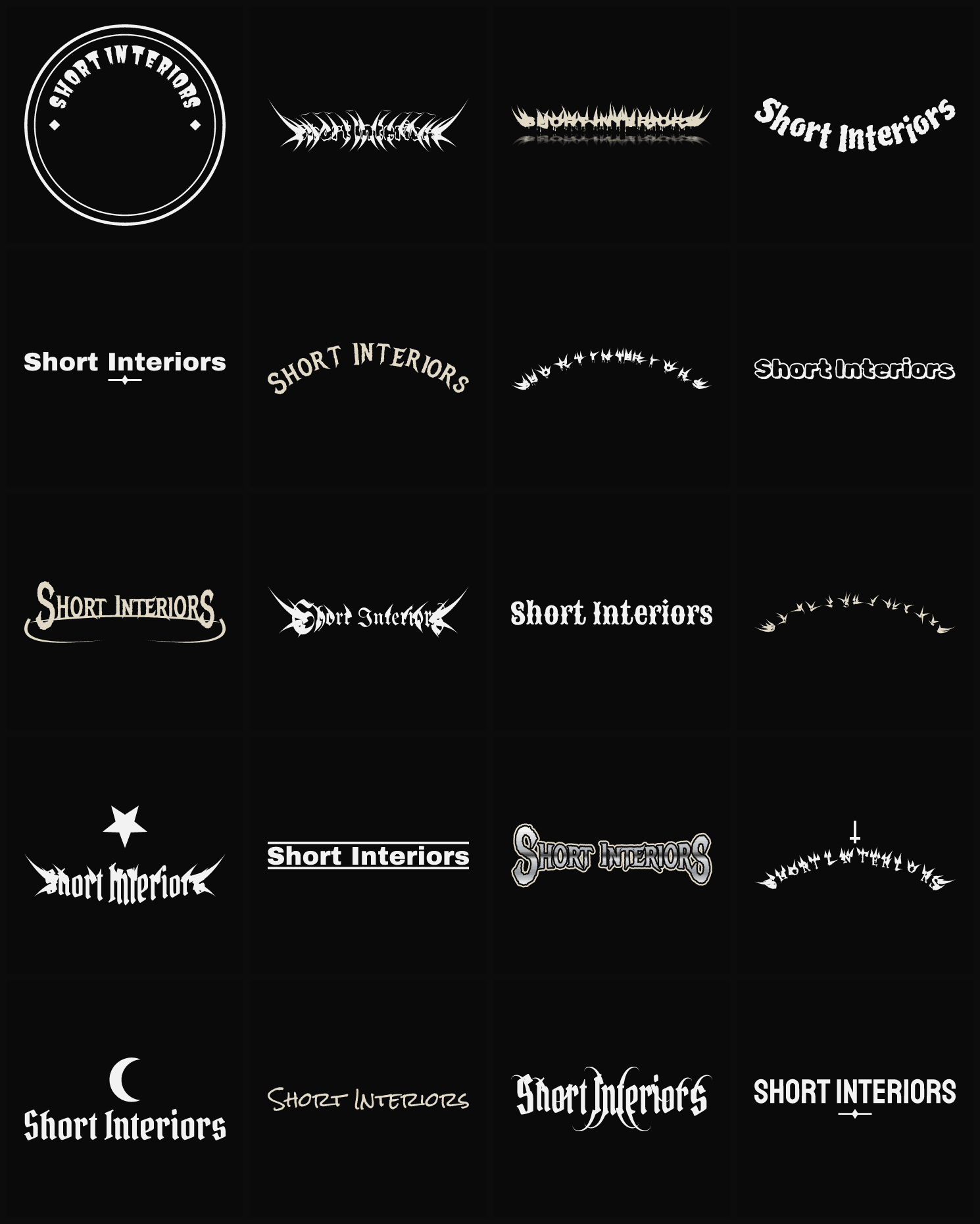 Twenty Short Interiors band logo ideas — different faces, treatments and spike settings