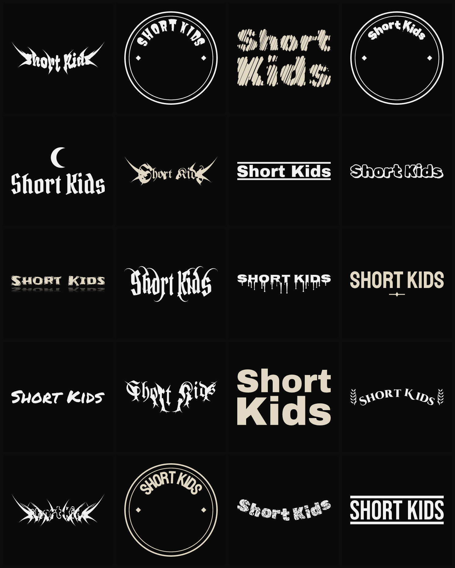 Twenty Short Kids band logo ideas — different faces, treatments and spike settings