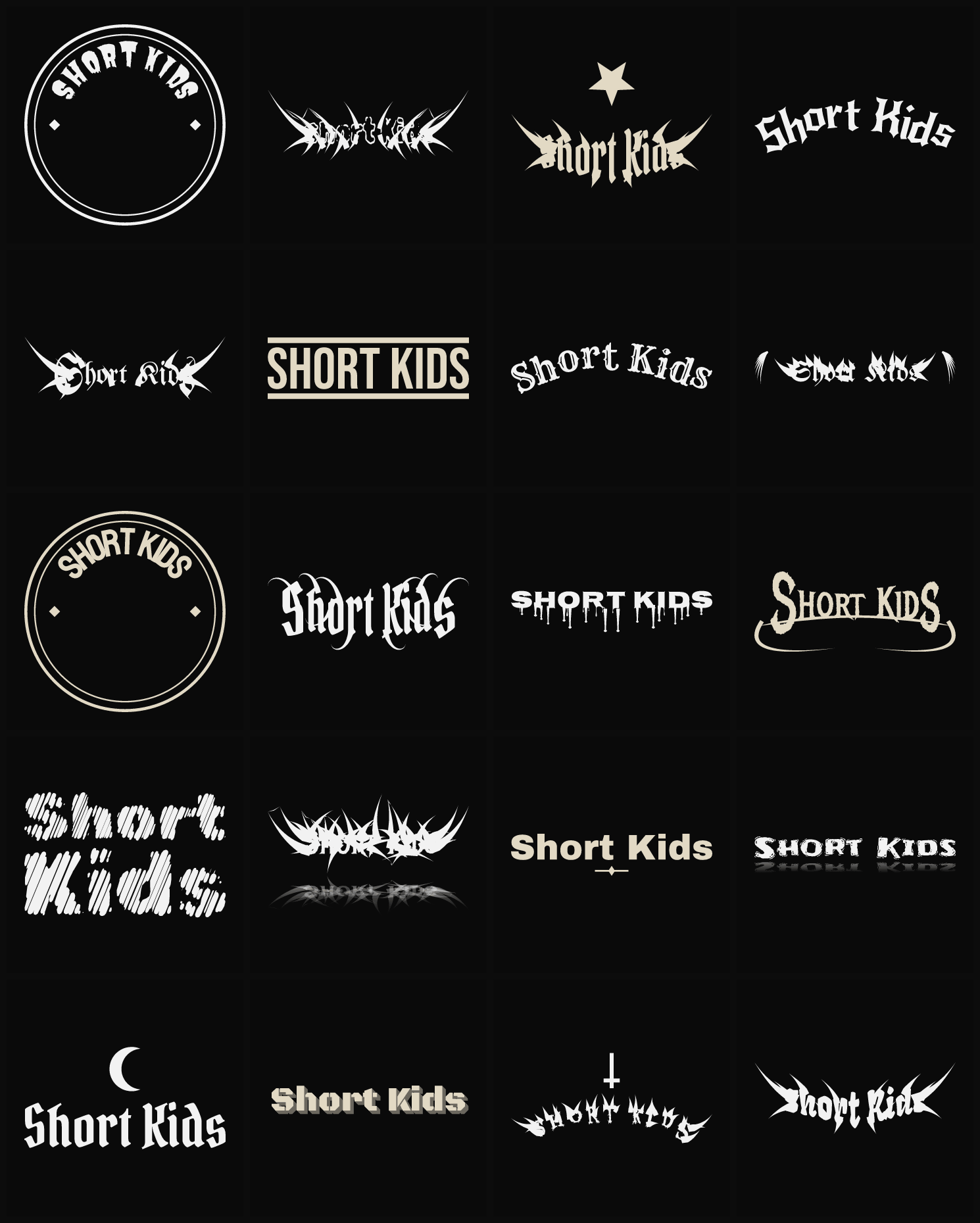 Twenty Short Kids band logo ideas — different faces, treatments and spike settings
