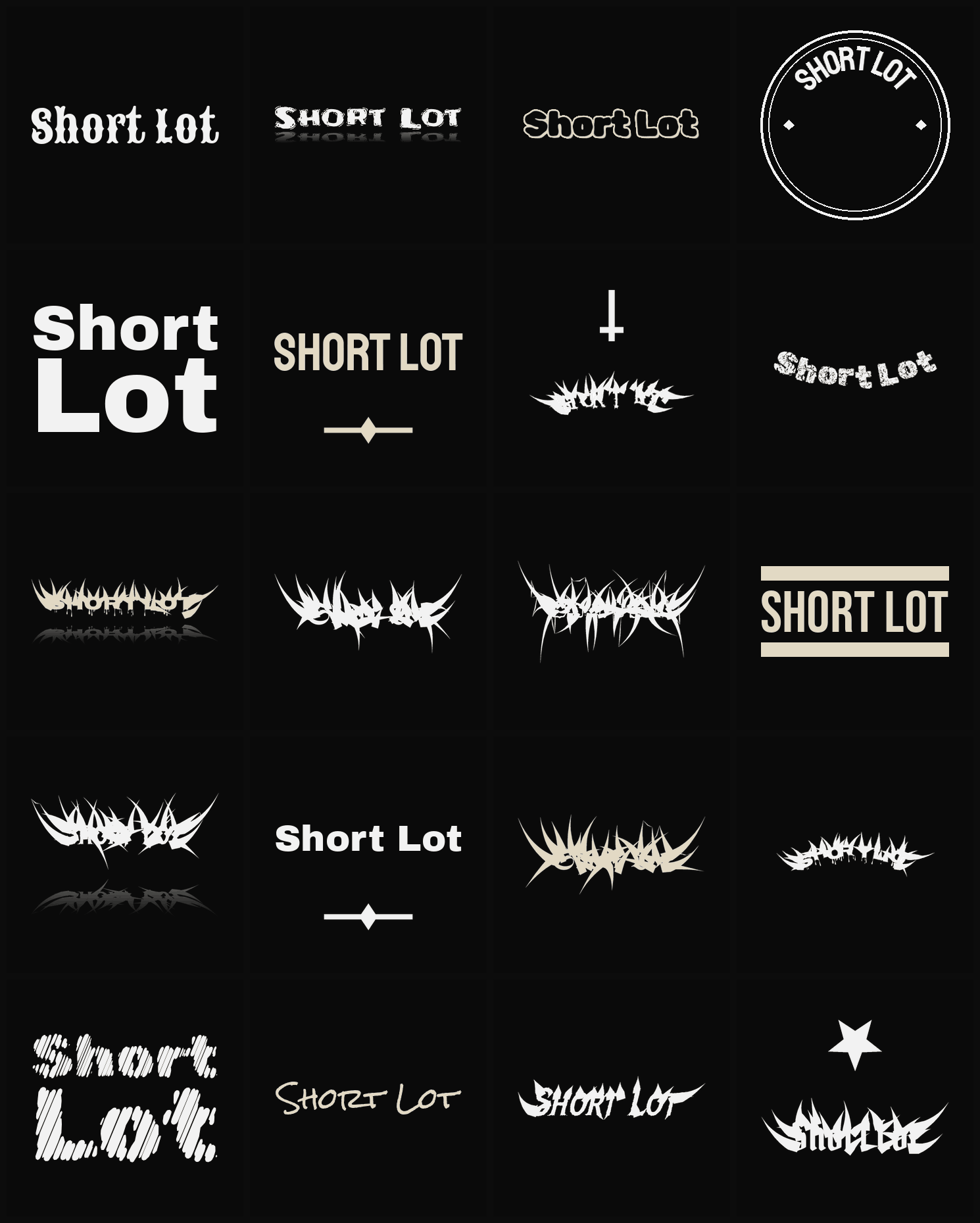 Twenty Short Lot band logo ideas — different faces, treatments and spike settings