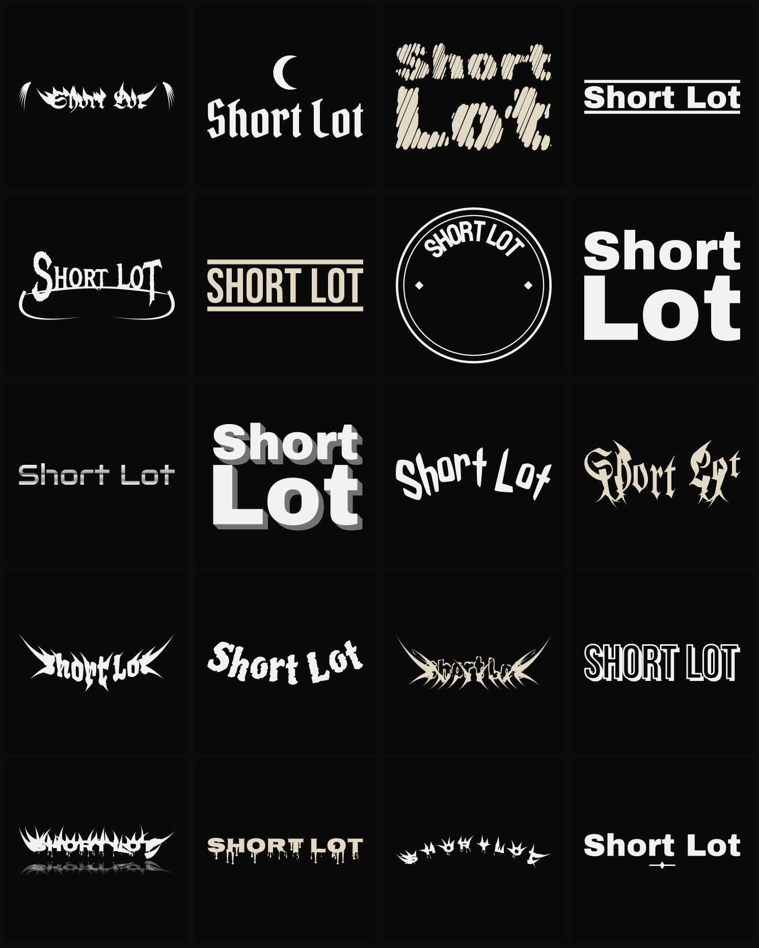 Twenty Short Lot band logo ideas — different faces, treatments and spike settings