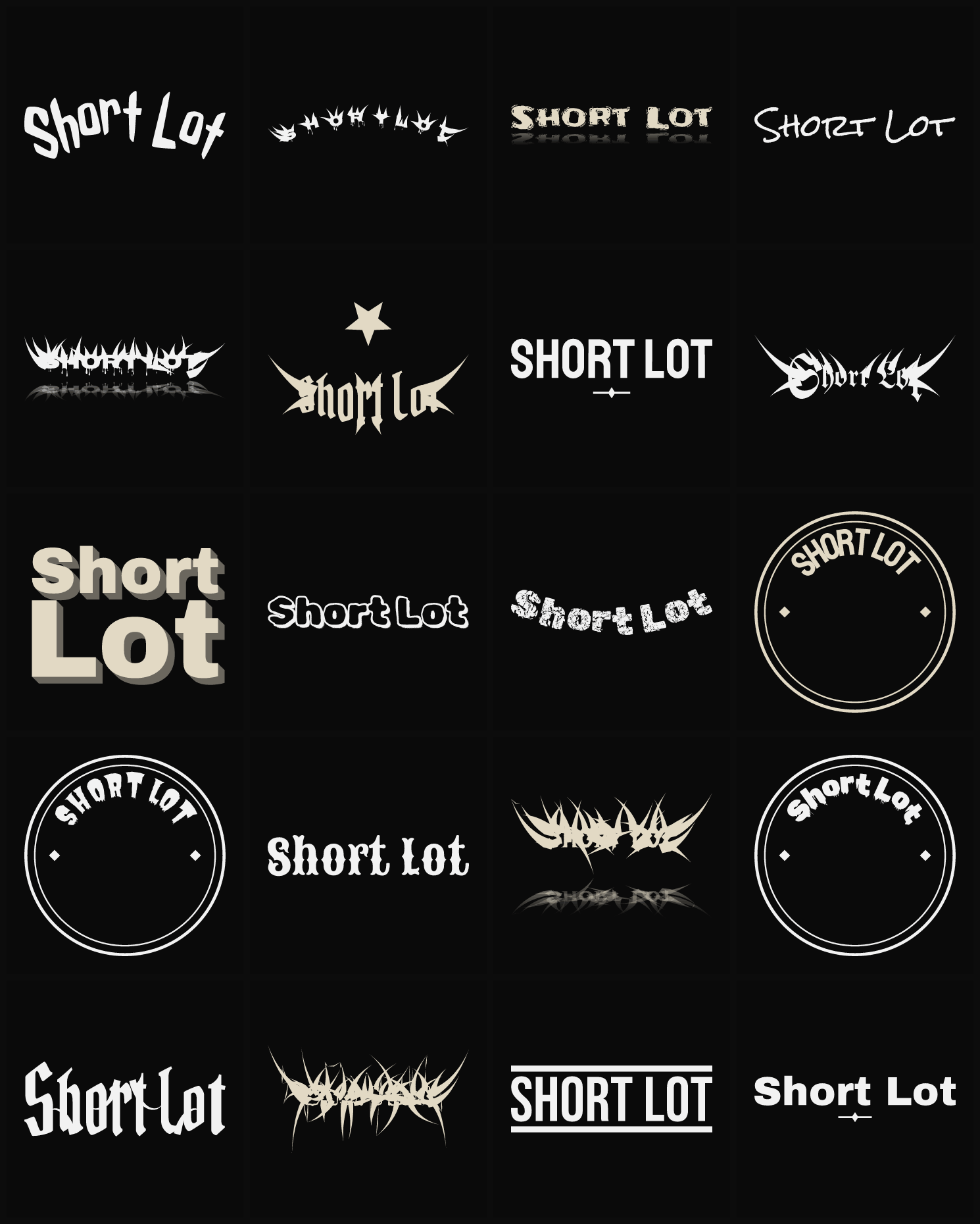 Twenty Short Lot band logo ideas — different faces, treatments and spike settings