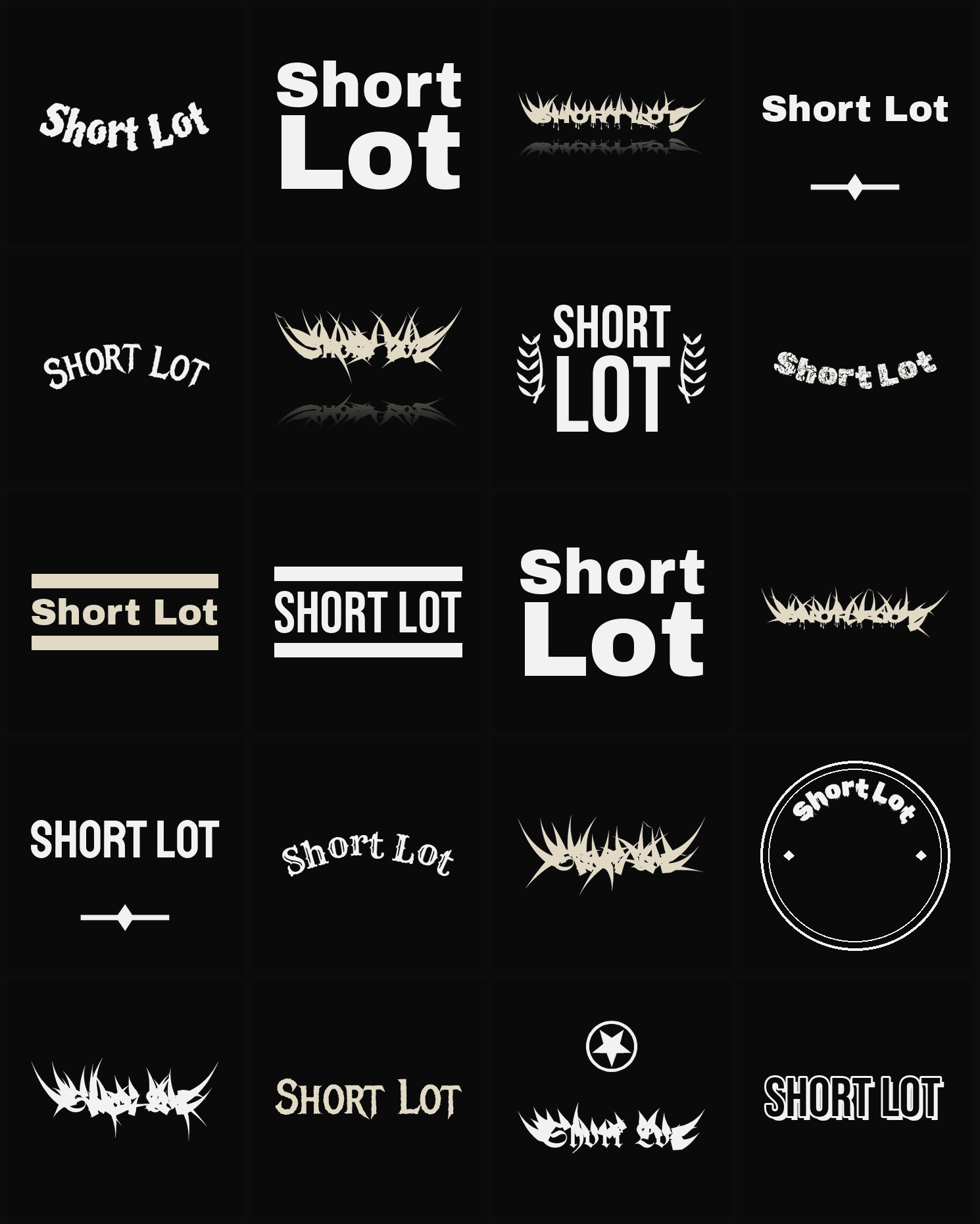 Twenty Short Lot band logo ideas — different faces, treatments and spike settings