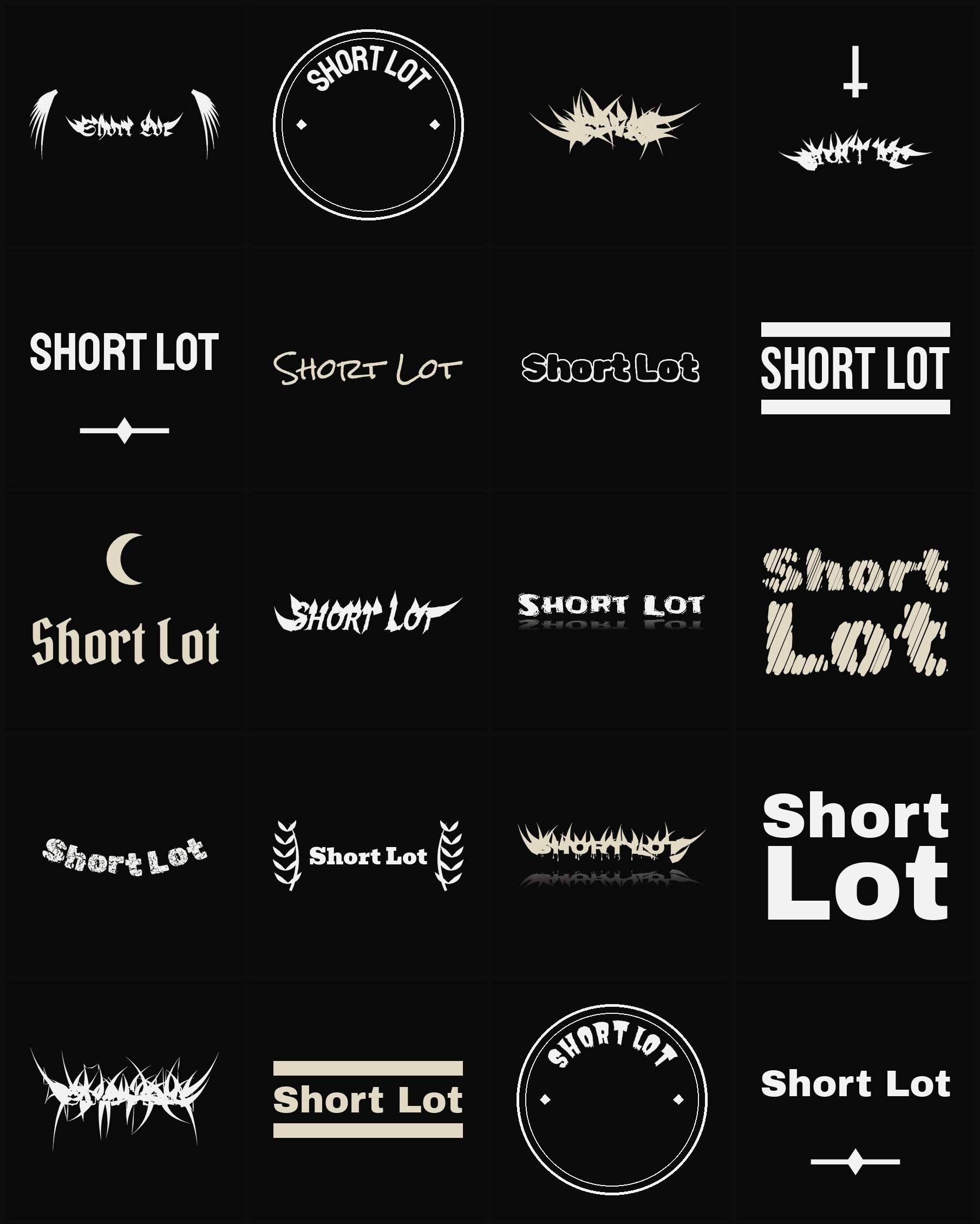 Twenty Short Lot band logo ideas — different faces, treatments and spike settings