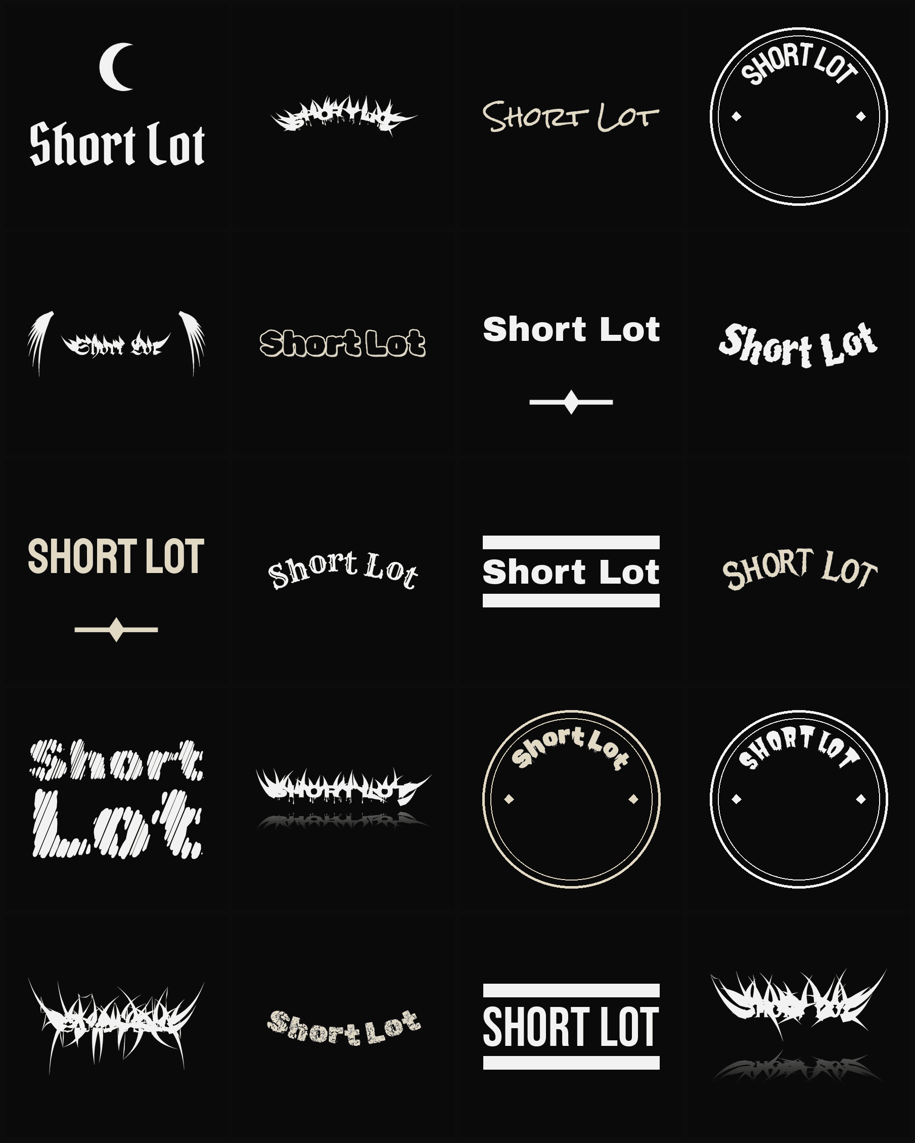 Twenty Short Lot band logo ideas — different faces, treatments and spike settings