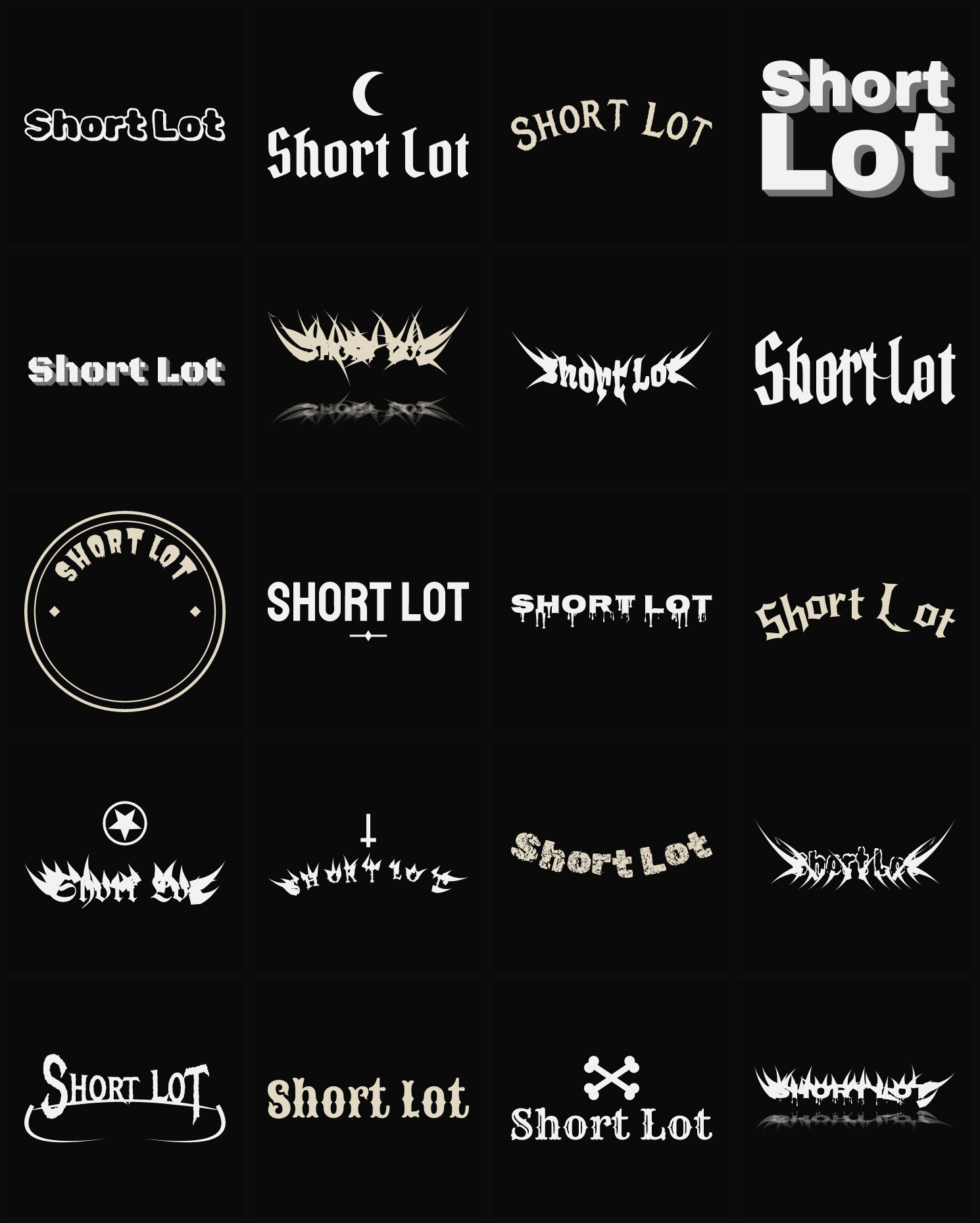 Twenty Short Lot band logo ideas — different faces, treatments and spike settings
