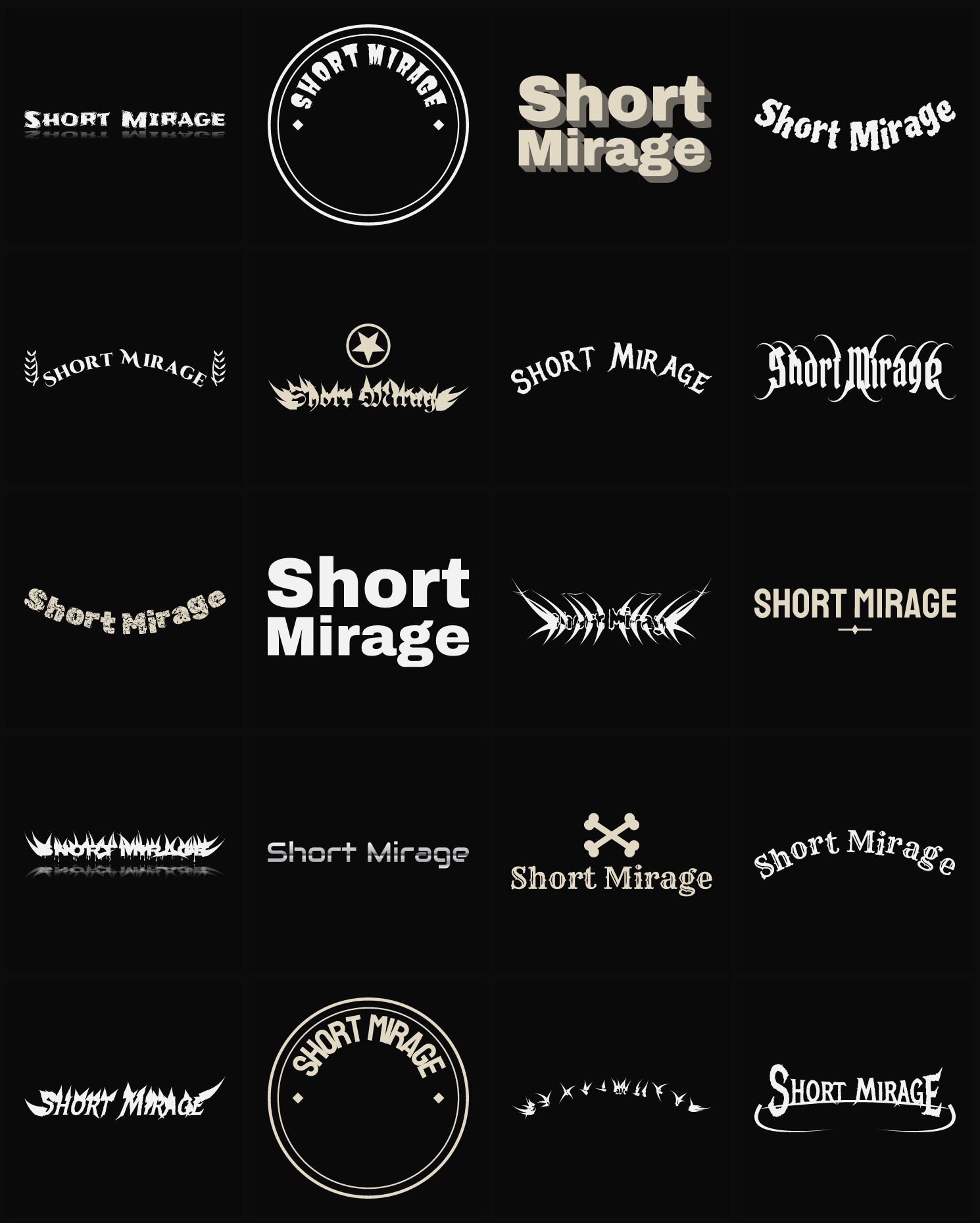 Twenty Short Mirage band logo ideas — different faces, treatments and spike settings
