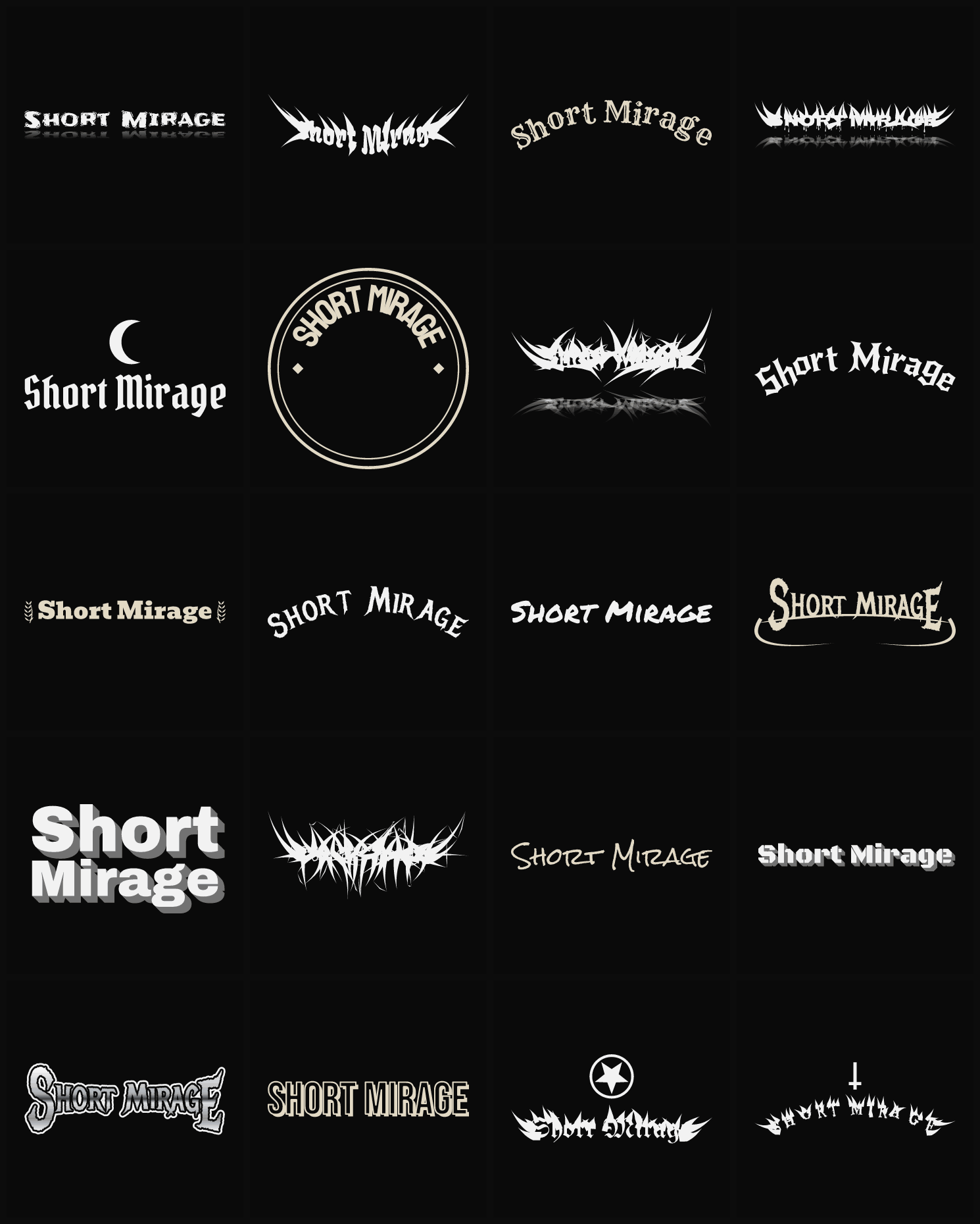 Twenty Short Mirage band logo ideas — different faces, treatments and spike settings