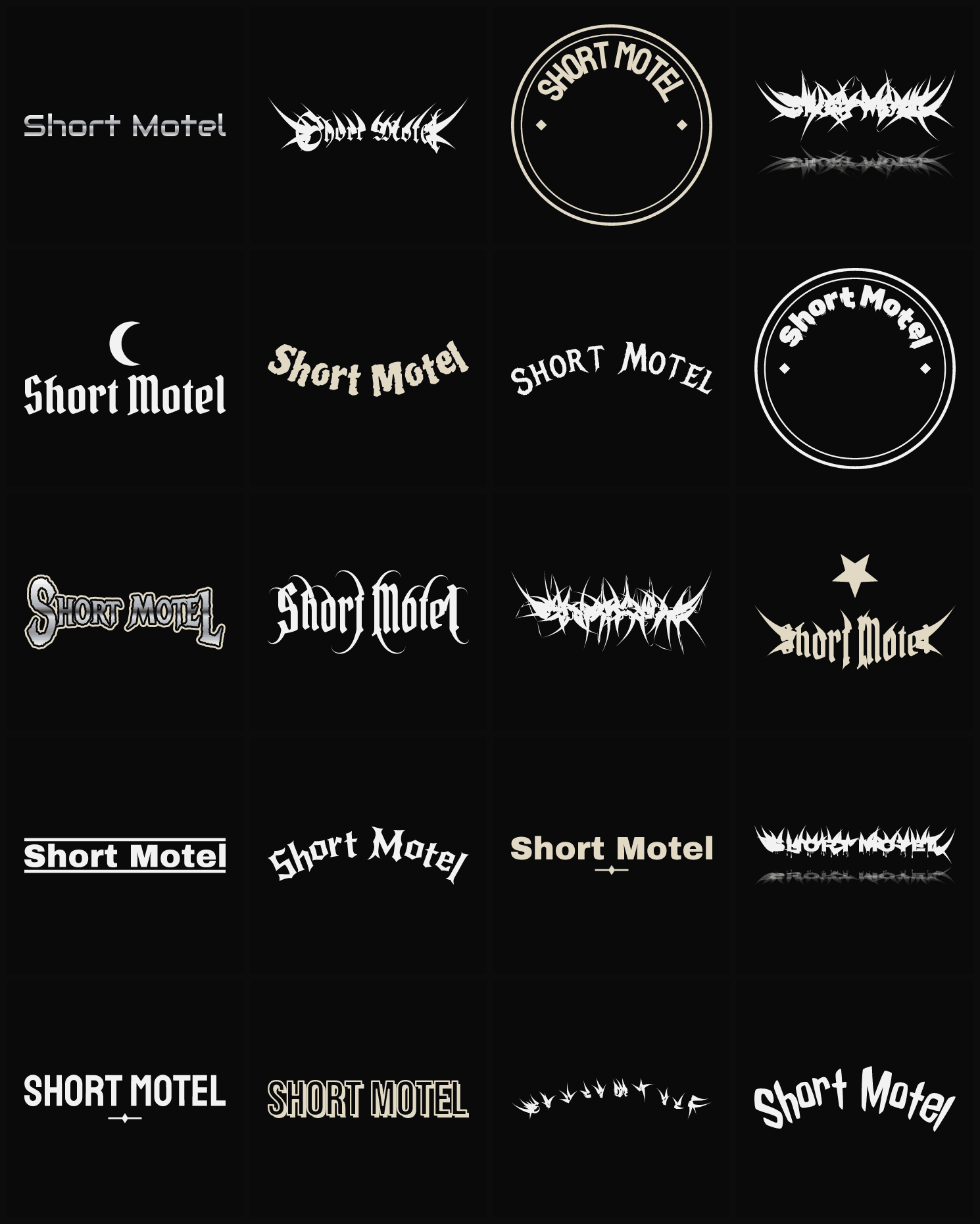 Twenty Short Motel band logo ideas — different faces, treatments and spike settings