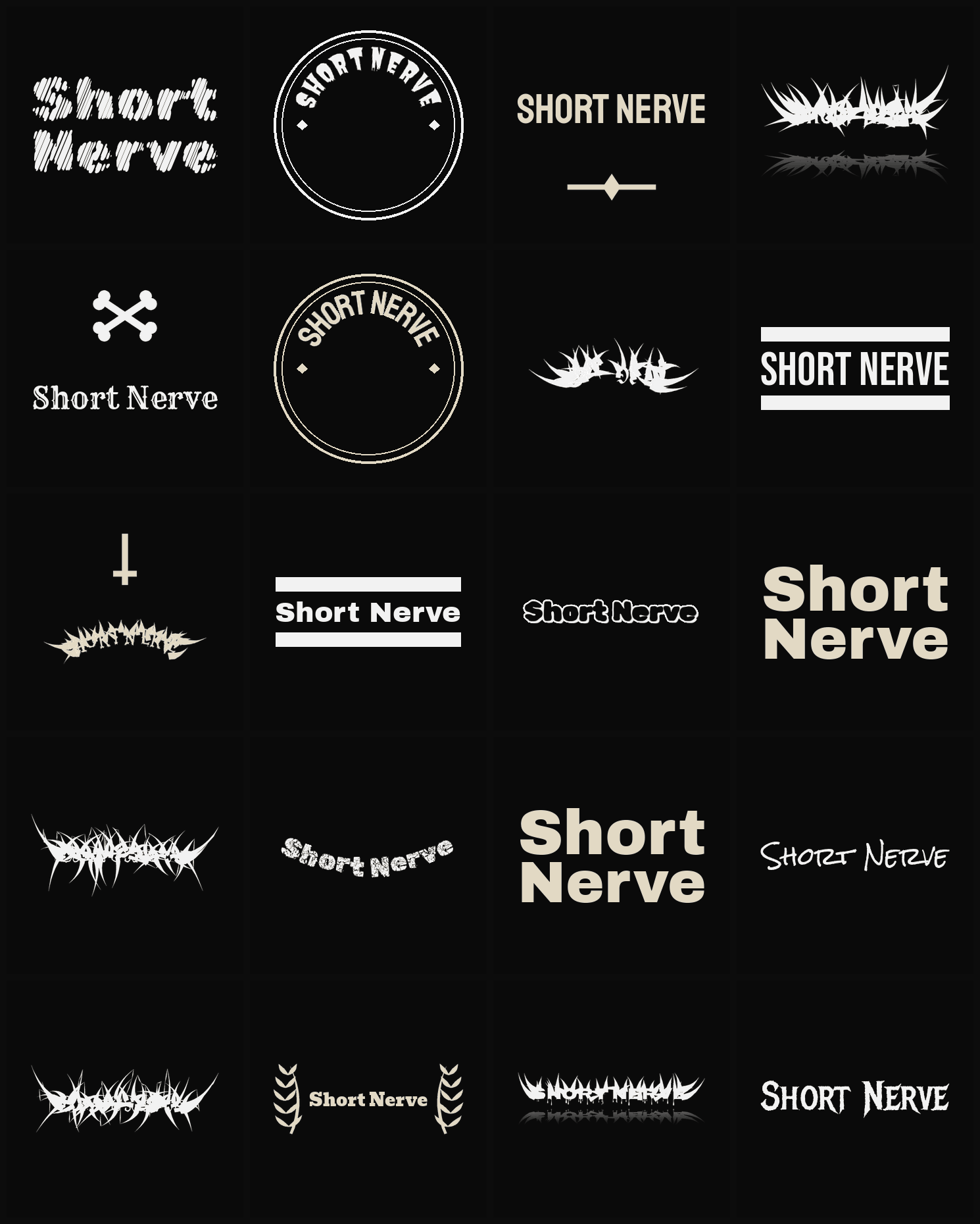 Twenty Short Nerve band logo ideas — different faces, treatments and spike settings
