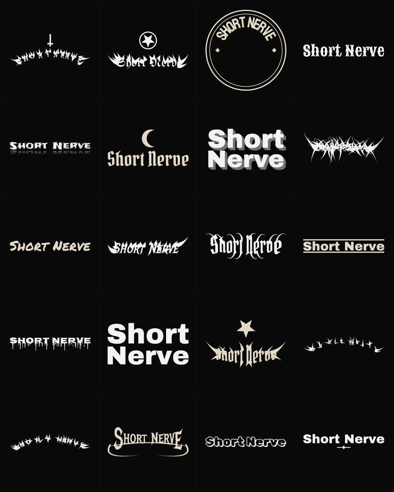 Twenty Short Nerve band logo ideas — different faces, treatments and spike settings