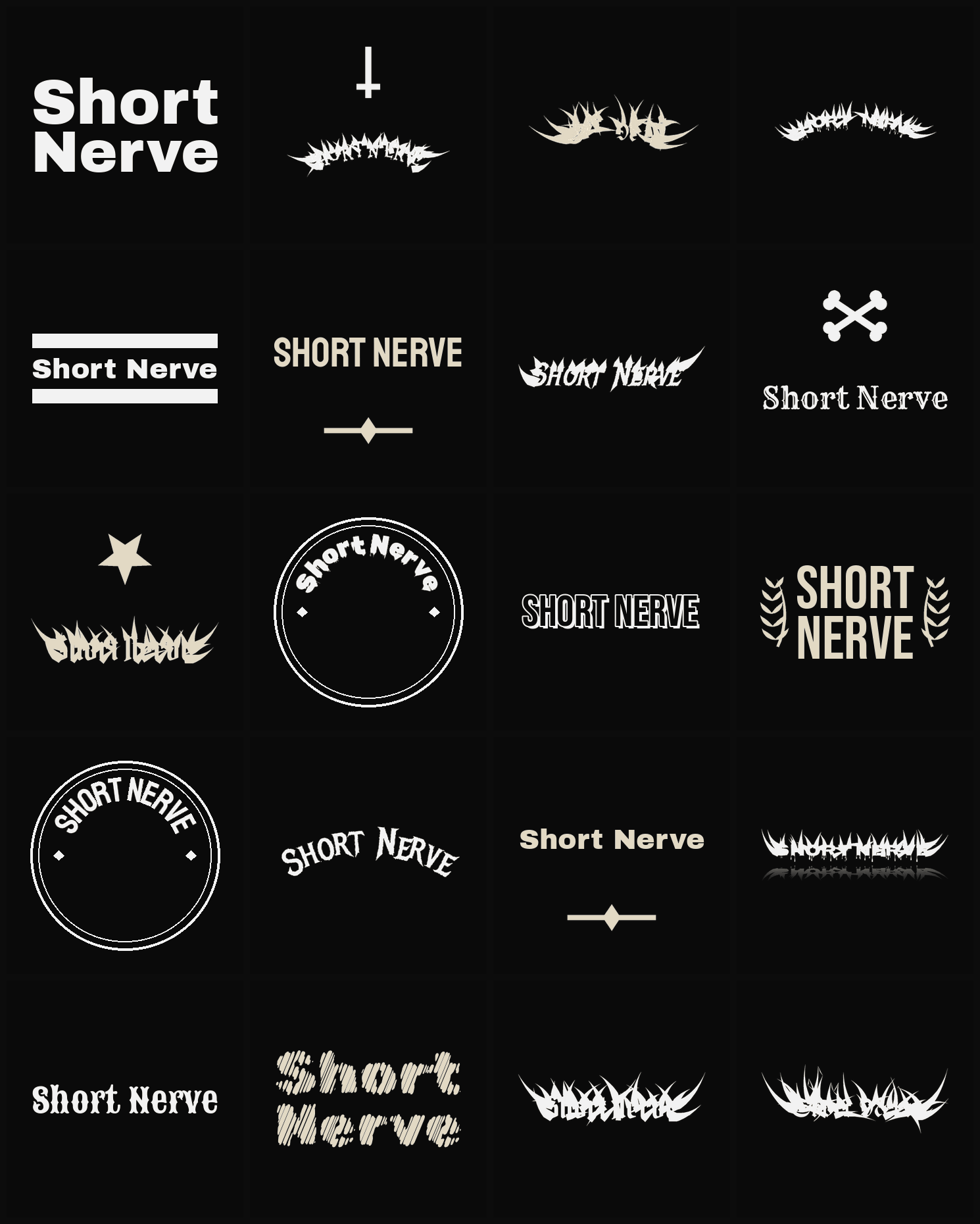 Twenty Short Nerve band logo ideas — different faces, treatments and spike settings
