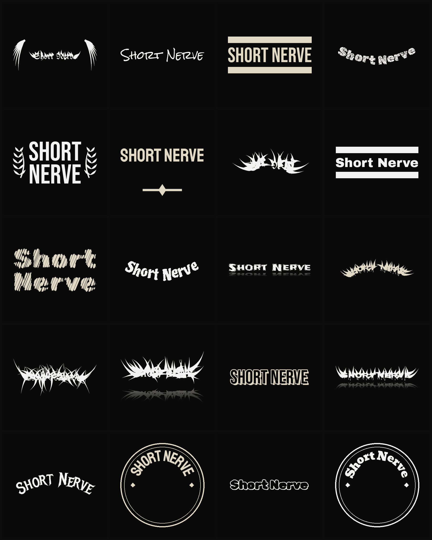 Twenty Short Nerve band logo ideas — different faces, treatments and spike settings