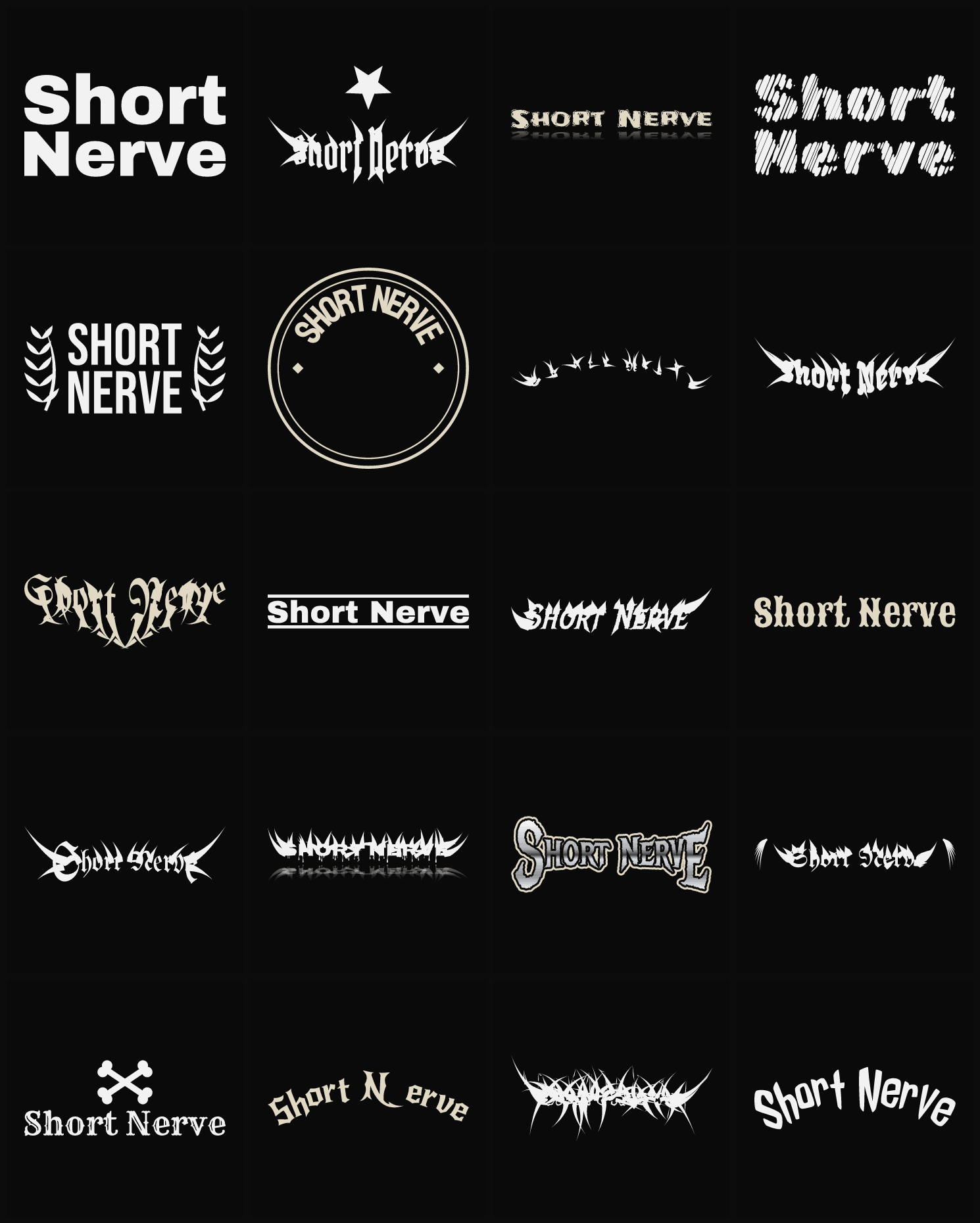 Twenty Short Nerve band logo ideas — different faces, treatments and spike settings