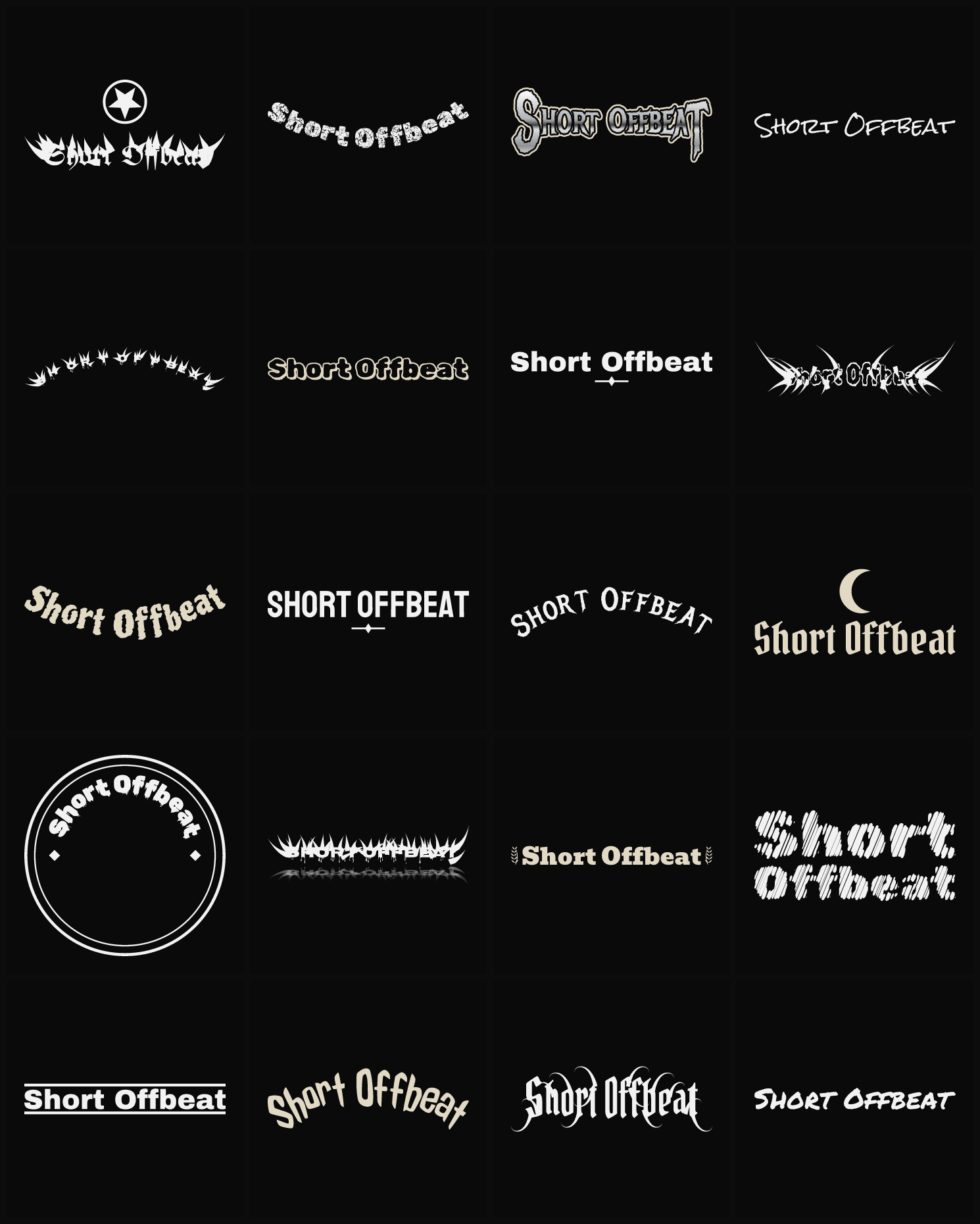 Twenty Short Offbeat band logo ideas — different faces, treatments and spike settings