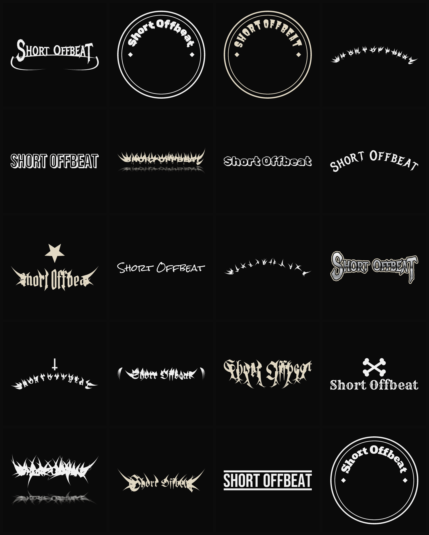 Twenty Short Offbeat band logo ideas — different faces, treatments and spike settings