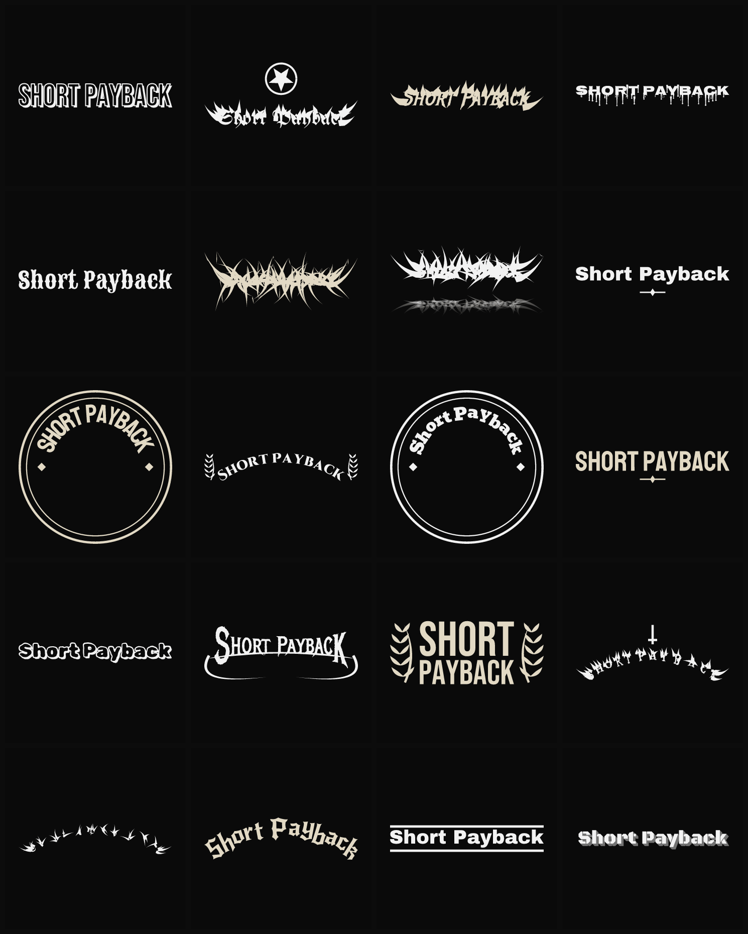 Twenty Short Payback band logo ideas — different faces, treatments and spike settings