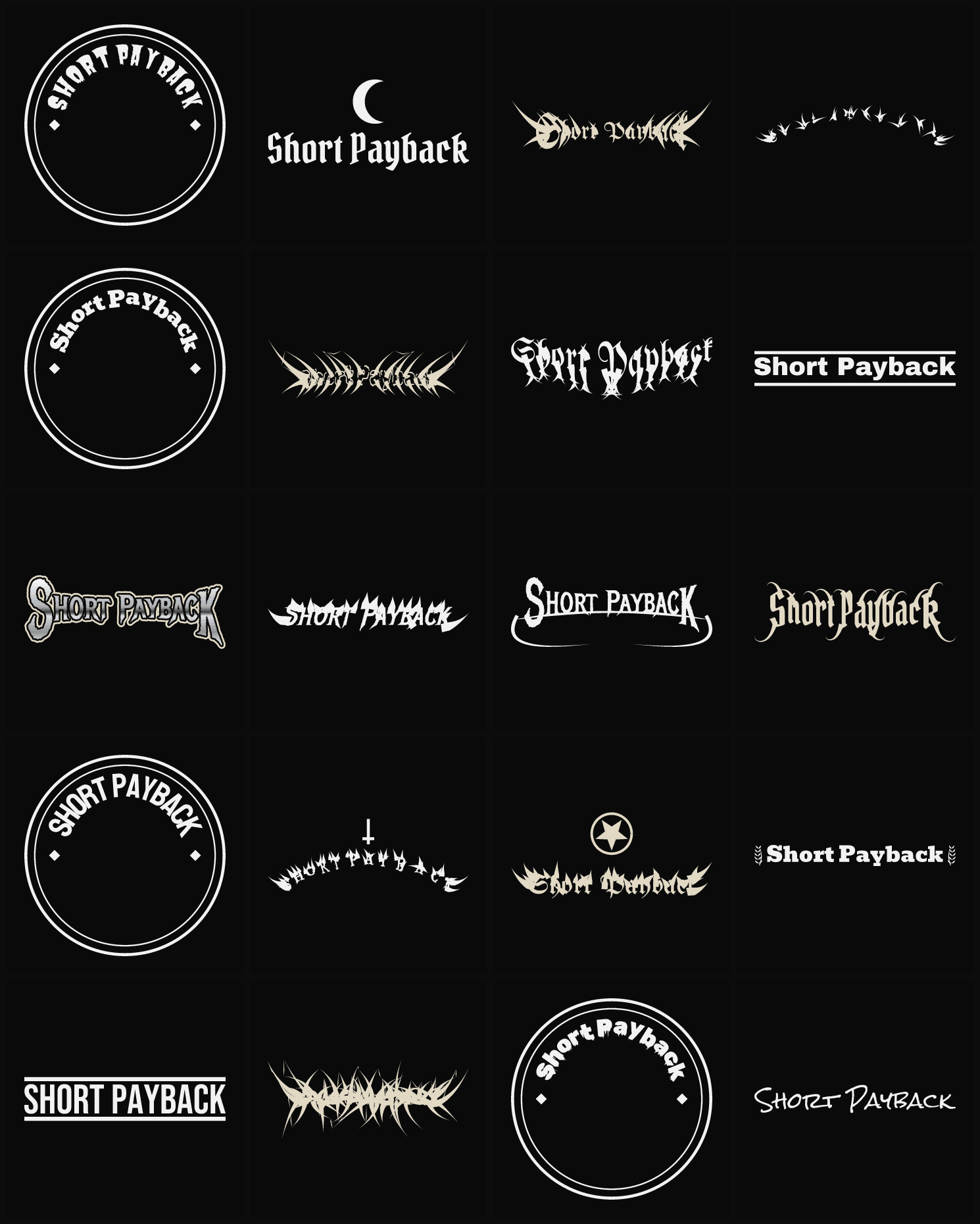 Twenty Short Payback band logo ideas — different faces, treatments and spike settings