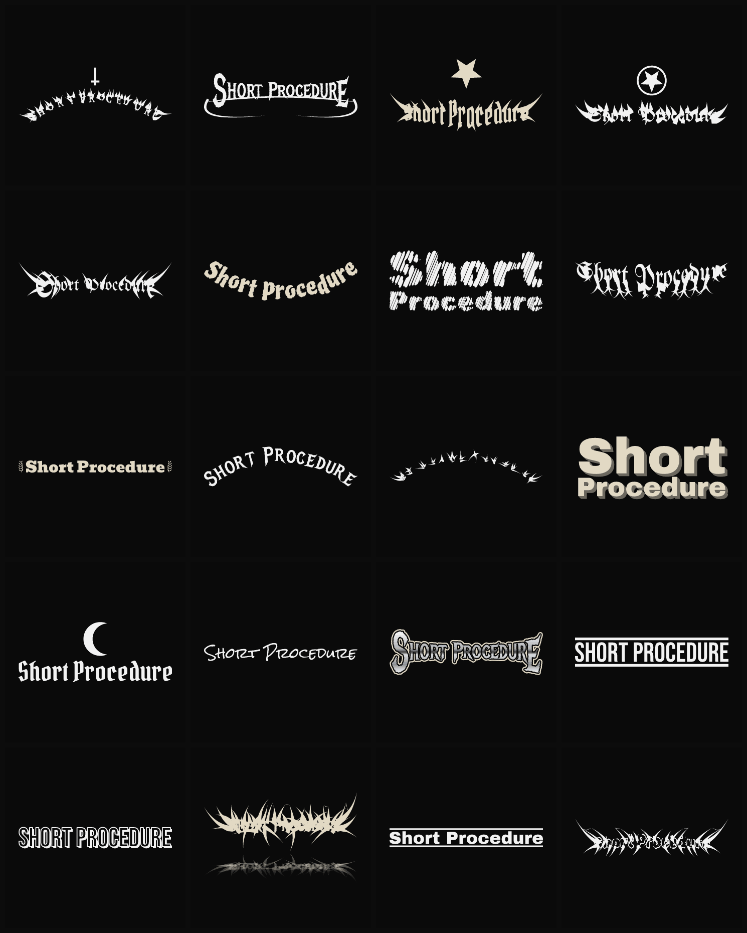 Twenty Short Procedure band logo ideas — different faces, treatments and spike settings