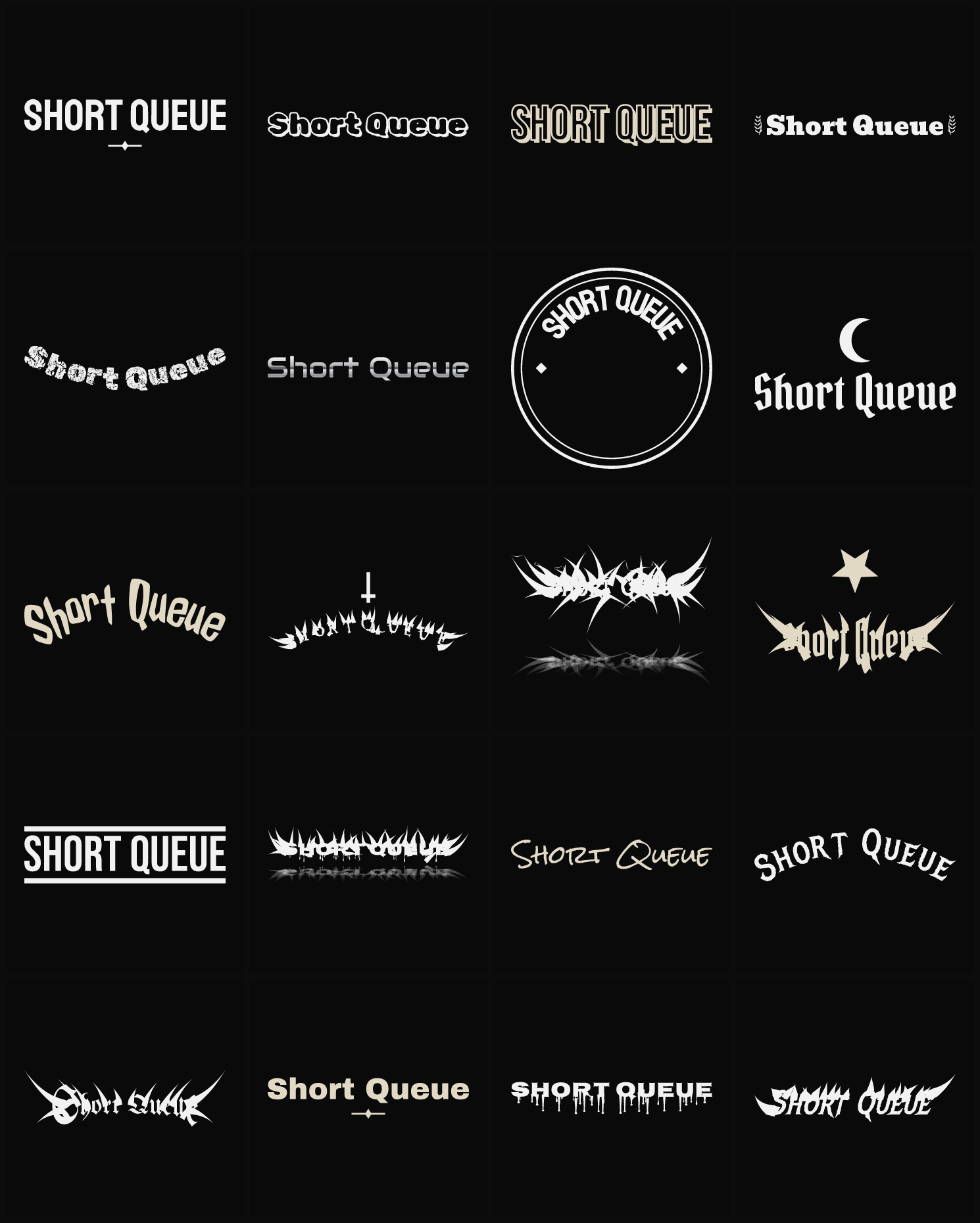 Twenty Short Queue band logo ideas — different faces, treatments and spike settings