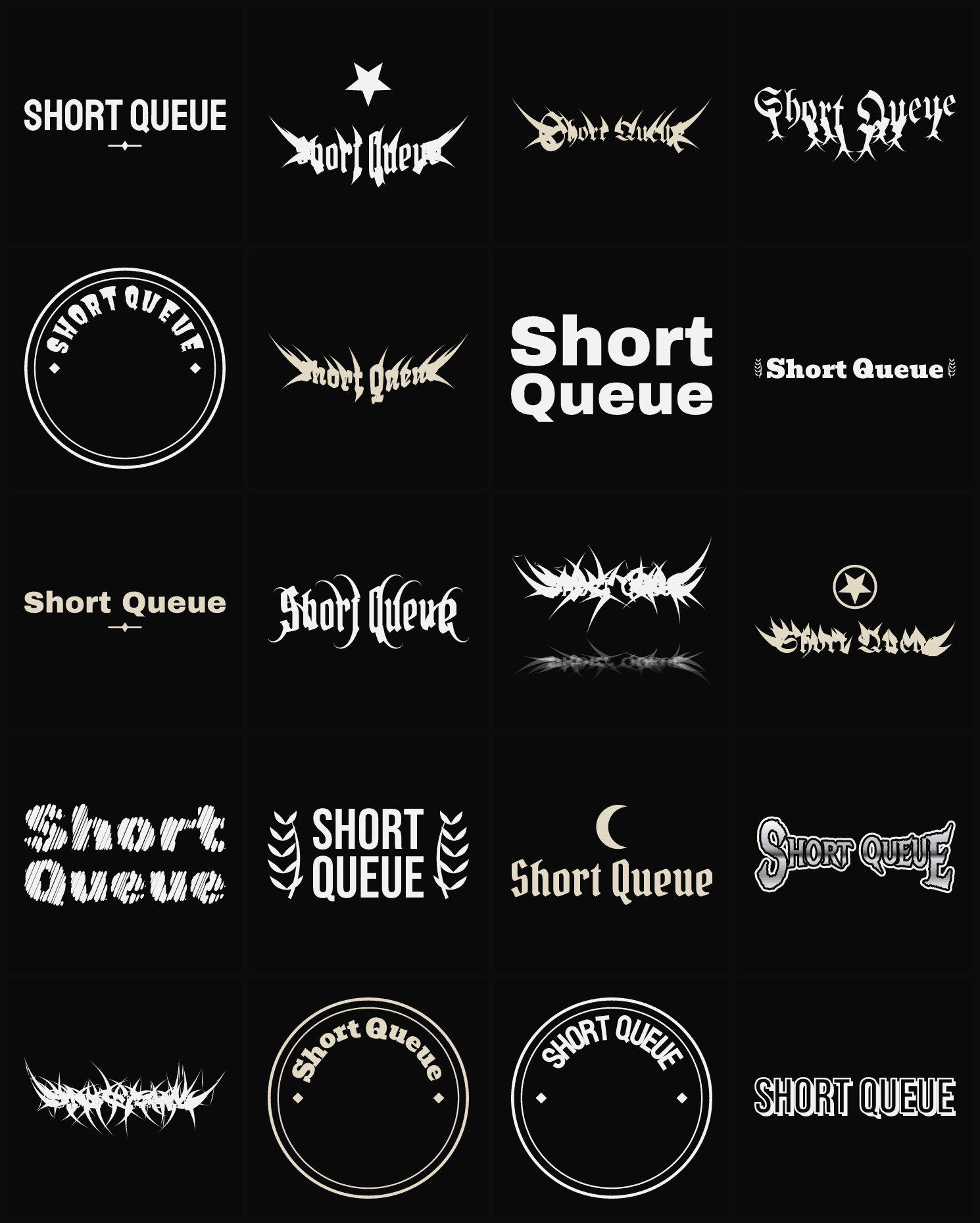 Twenty Short Queue band logo ideas — different faces, treatments and spike settings