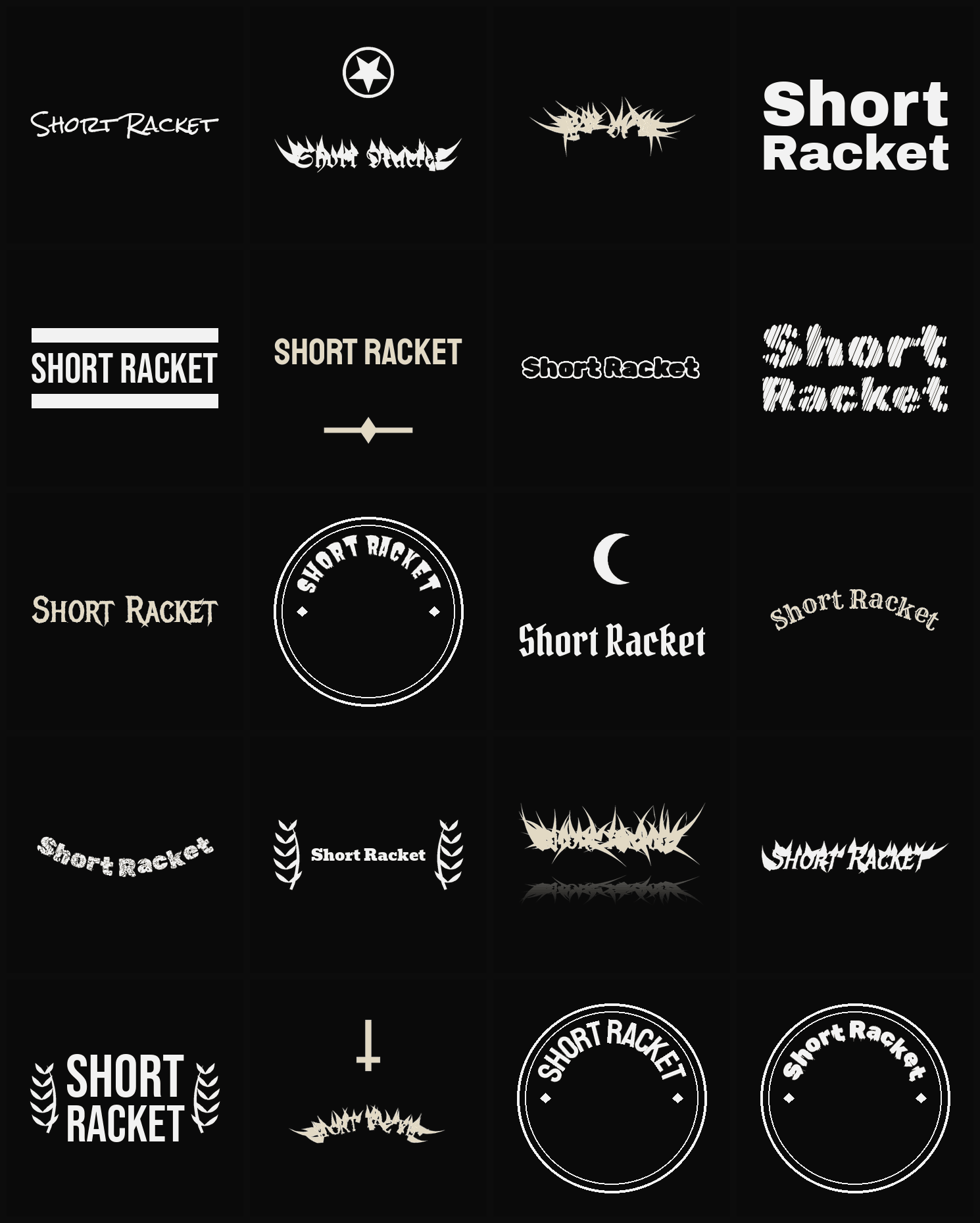 Twenty Short Racket band logo ideas — different faces, treatments and spike settings