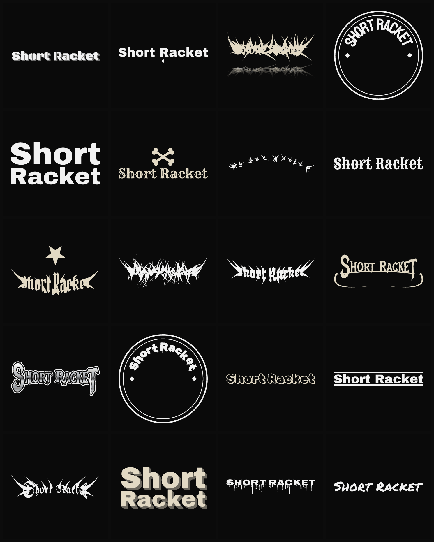 Twenty Short Racket band logo ideas — different faces, treatments and spike settings