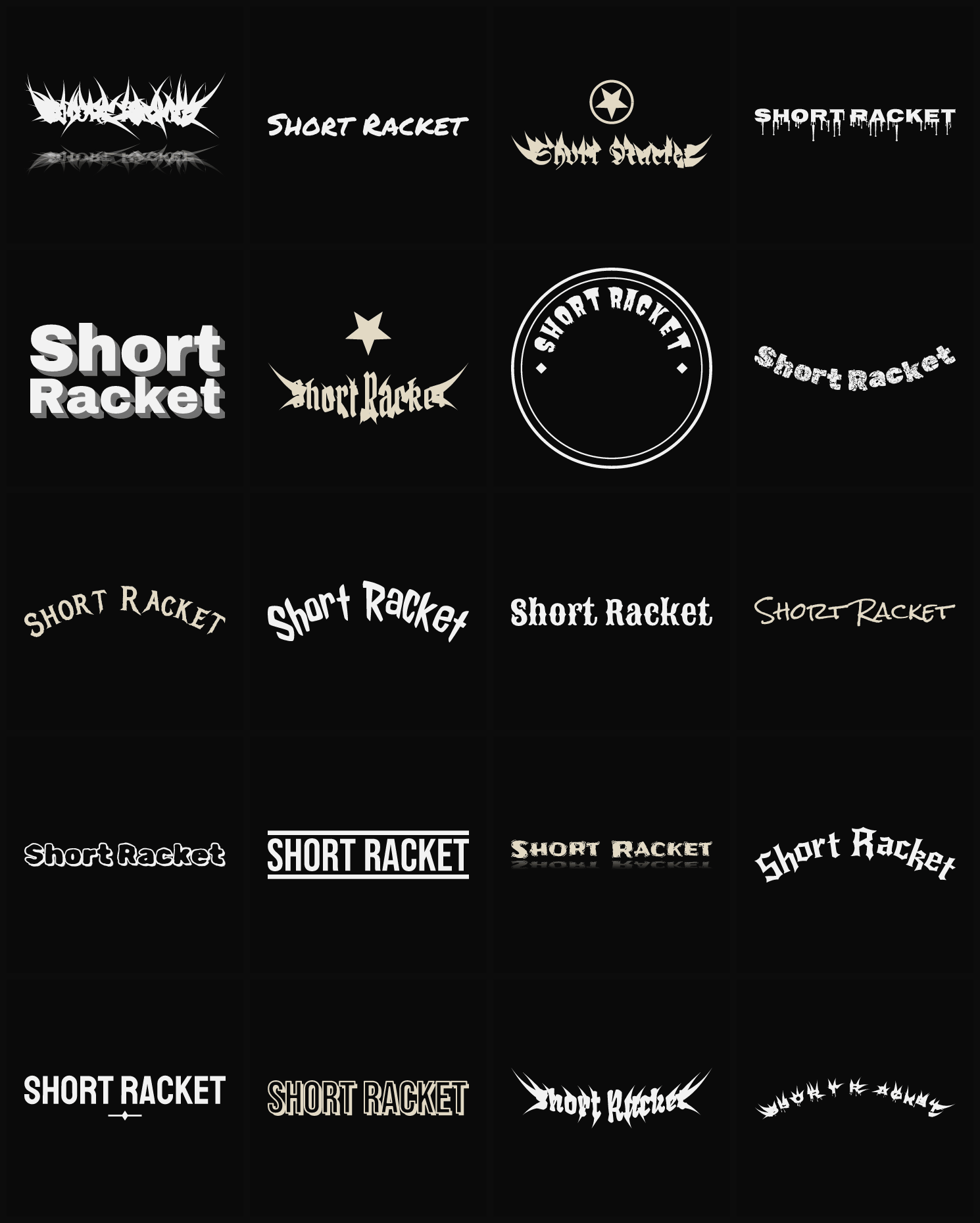 Twenty Short Racket band logo ideas — different faces, treatments and spike settings