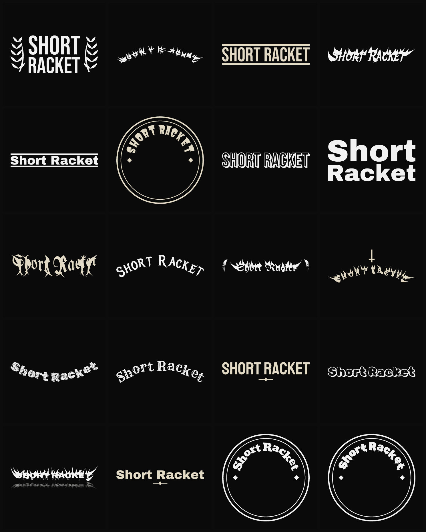 Twenty Short Racket band logo ideas — different faces, treatments and spike settings