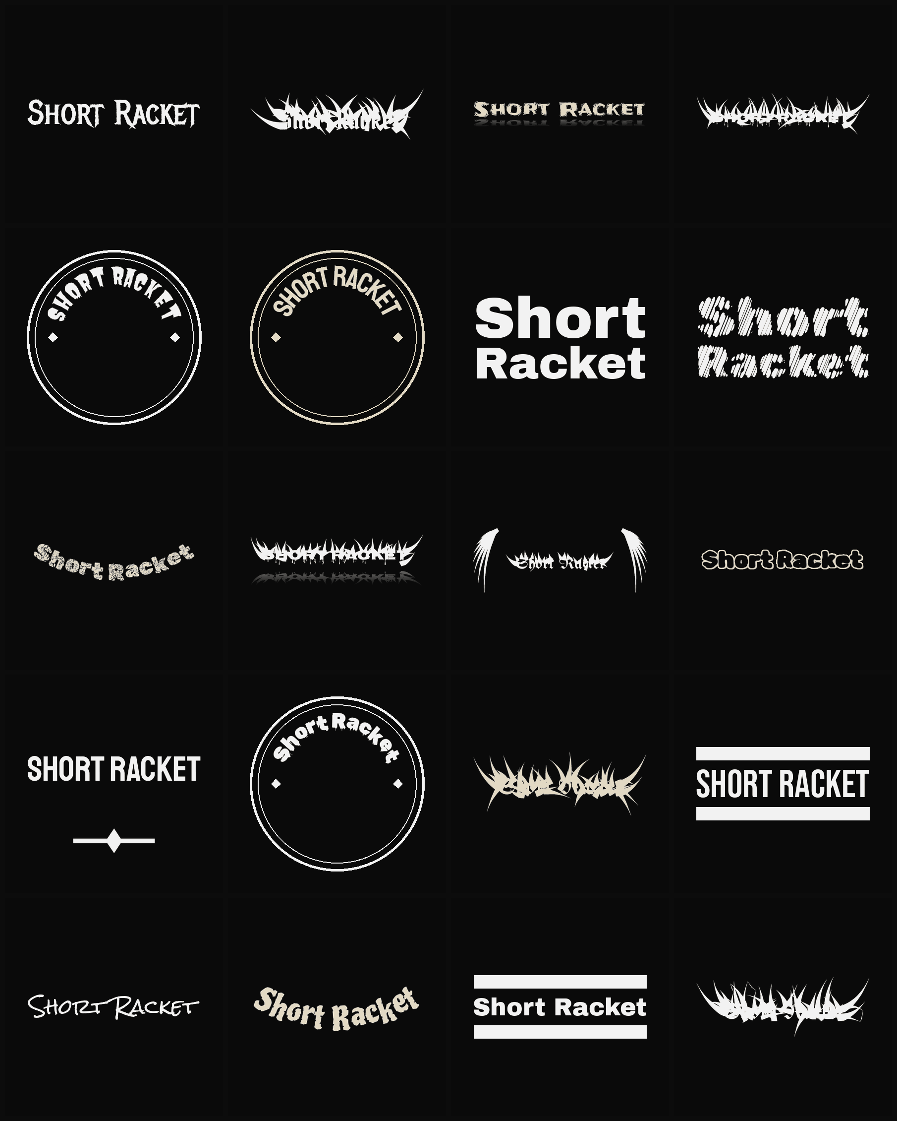 Twenty Short Racket band logo ideas — different faces, treatments and spike settings