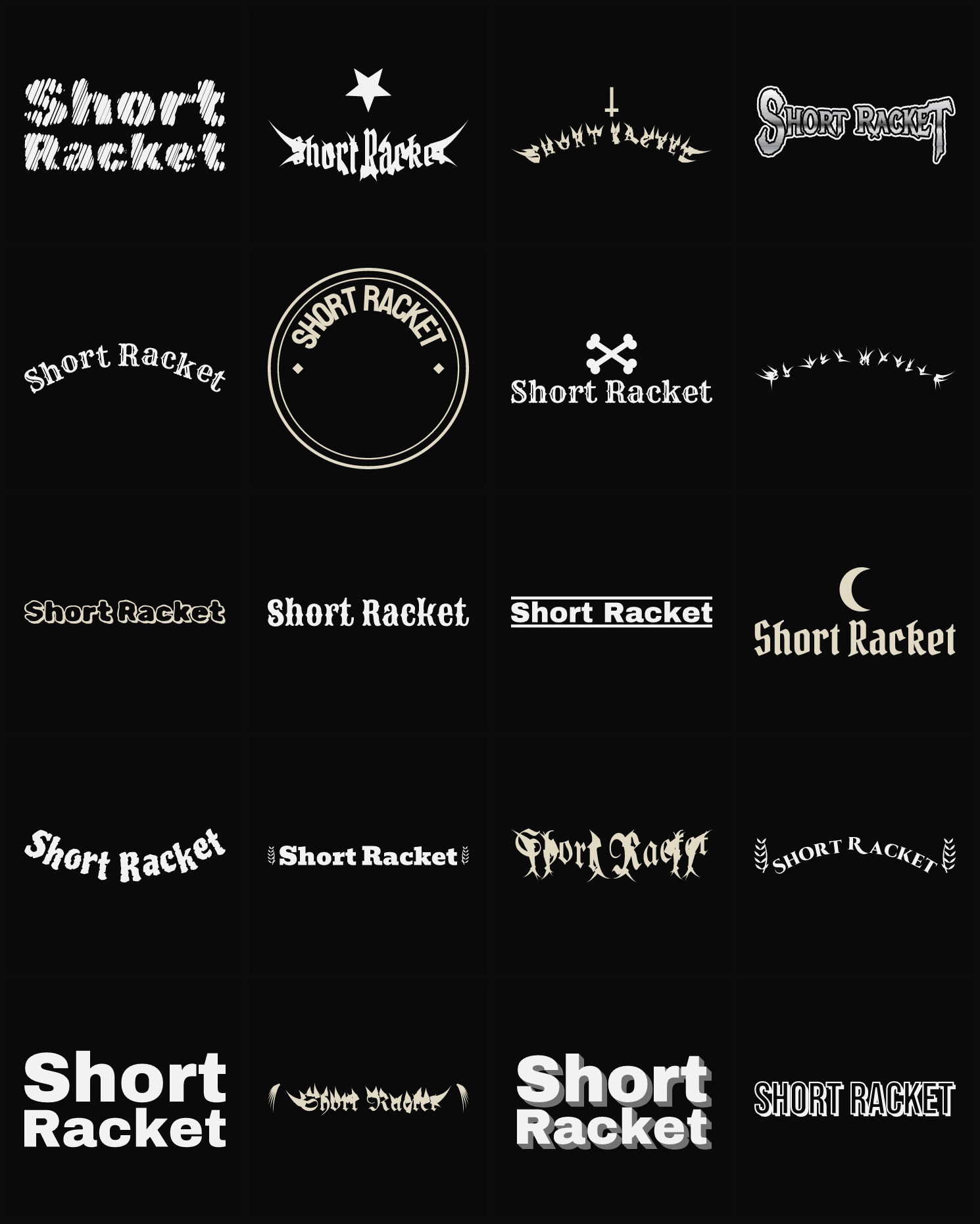 Twenty Short Racket band logo ideas — different faces, treatments and spike settings