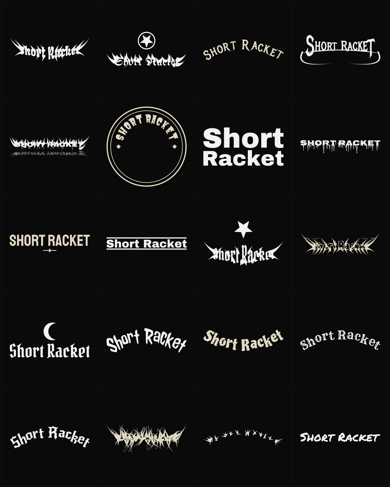 Twenty Short Racket band logo ideas — different faces, treatments and spike settings